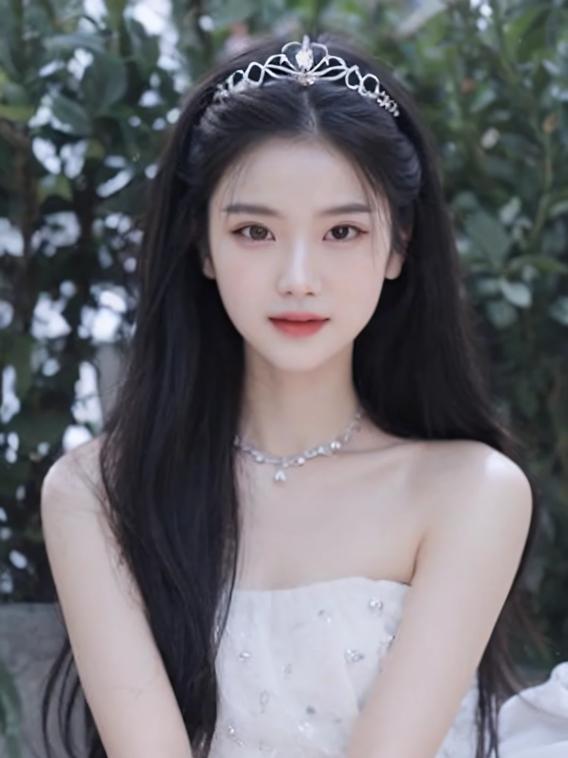A woman in a white dress sits on a bench,Wear TIA, white hime cut hairstyle, Cai Xukun, gorgeous chinese models, full-body xianxia, Inspired by Tang Yifen, xision wu, xintong chen, Inspired by Huang Ji, Xianxia, black hime cut hair, Asian girl with long hair, shaxi, ruan jia beautiful!