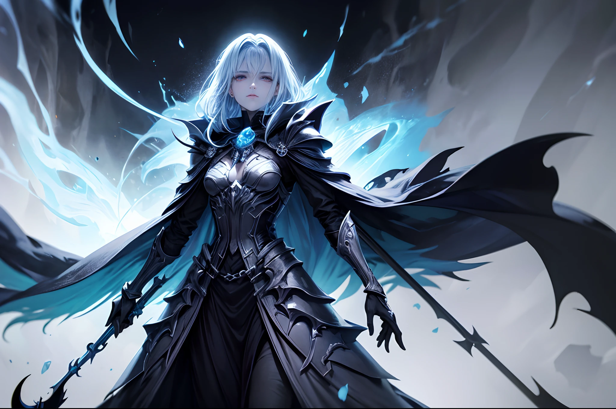 Thanatos ,The god of death walks through, (with blue ghost fire around), wearing black cloak, in the dark, death area, glassy eyes, ice element ,dark element, anime, high detail, chiaroscuro, depth of field, cinematic lighting, sparkle, blurry, ray tracing, vignetting, (panorama), polar opposites, masterpiece, best quality, high quality, high details, textured skin, anatomically correct, accurate, UHD, 1080P