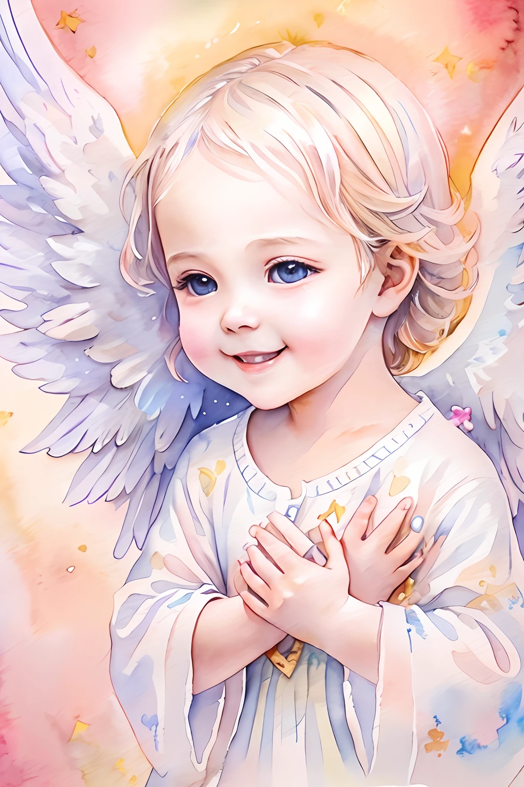 Blessings of Angels、Bright background、heart mark、tenderness、A smile、Gentle、 Angel、watercolor paiting