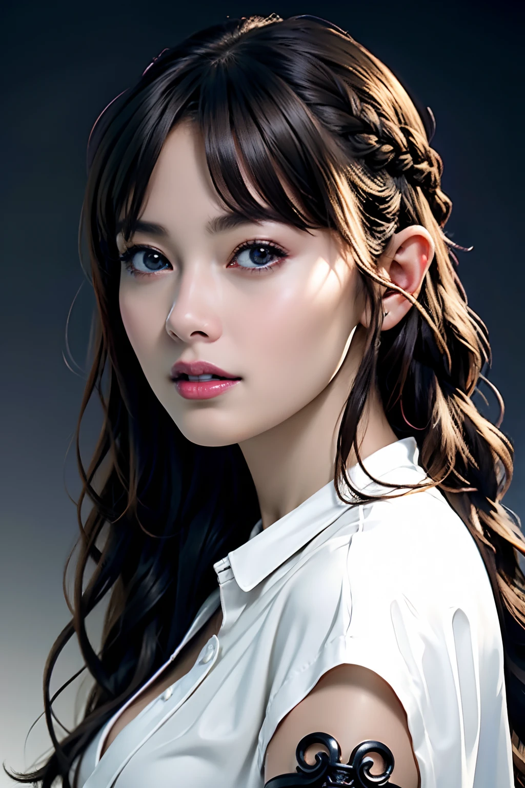 Ultra-detailed complex 3D rendering of face, (Colossal: 8.8), (masterpiece, top quality, octane rendering, 8K), glamour shot full body image, very beautiful young elf, cleavage, (very detailed skin: 1.2), (exposure: 1.1), brown-haired, ((wearing a plummeted open shirt of white silk: 1.10)), beautiful Caucasian woman with black skin with full soft breasts with big buttocks, Single, long braided hair, big breasts, dynamic angle, mystical expression, ultra-realistic photo, (((portrait)))), bare feet, futuristic urban background, facial muscles, detailed and beautiful queen gold crown, in the style of Marvel Comics, ArtStation trends, clear focus, studio photography, intricate details, very detailed, detailed red eyes, very detailed, Sharp Focus, Digital Rendering, Professional, Abs, Dark Grey Background,