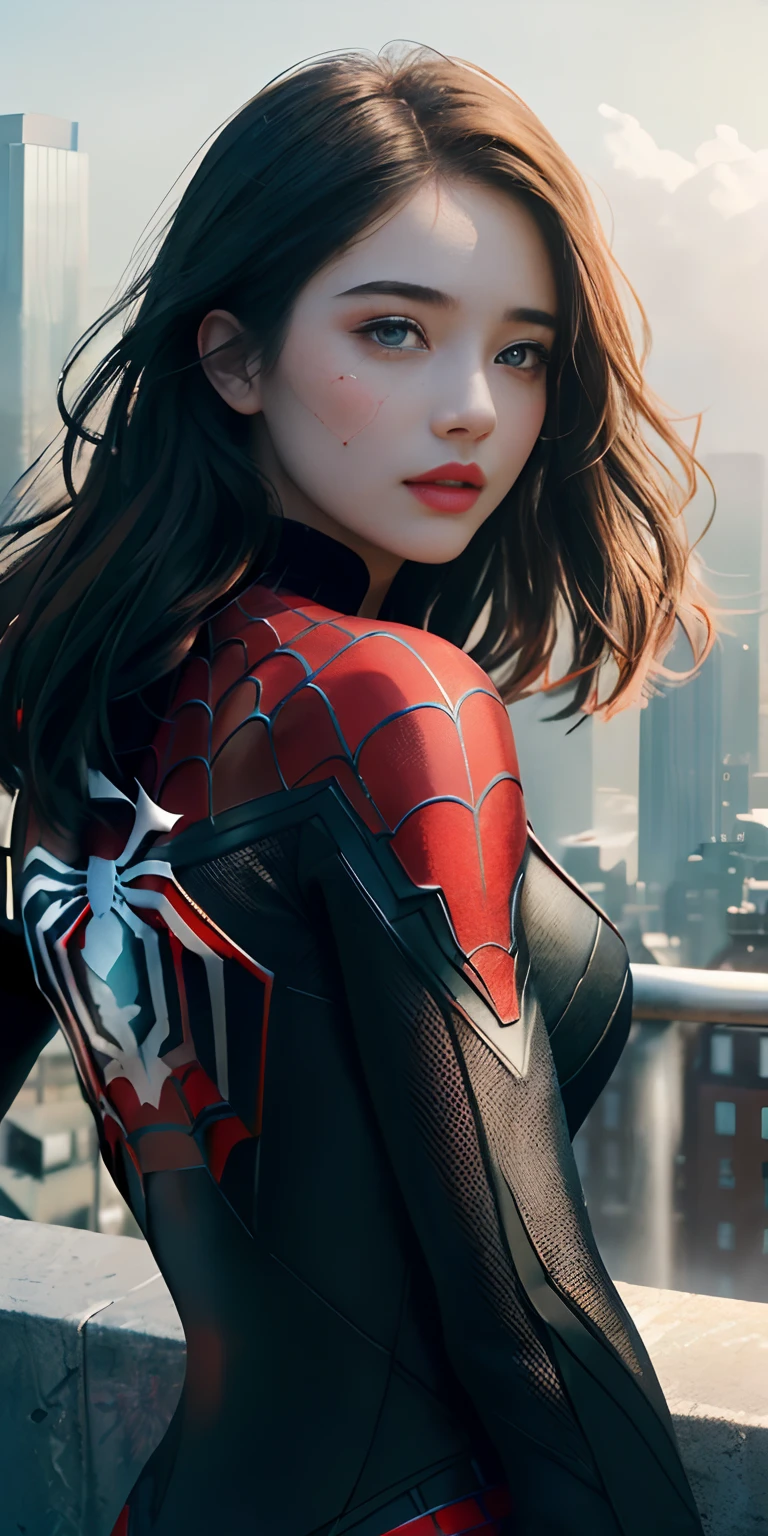 (1girl:1.3), Solo, (((Very detailed face)))), ((Very detailed eyes and face)))), Beautiful detail eyes, Body parts__, Official art, Unified 8k wallpaper, Super detailed, beautiful and beautiful, beautiful, masterpiece, best quality, original, masterpiece, super fine photo, best quality, super high resolution, realistic realism, sunlight, full body portrait, amazing beauty, dynamic pose, delicate face, vibrant eyes, (from the front), She wears Spider-Man suit, red and black color scheme, spider, very detailed city roof background, rooftop, overlooking the city, detailed face, detailed complex busy background, messy, gorgeous, milky white, highly detailed skin, realistic skin details, visible pores, clear focus, volumetric fog, 8k uhd, DSLR, high quality, film grain, fair skin, photo realism, lomography, futuristic dystopian megalopolis, translucent