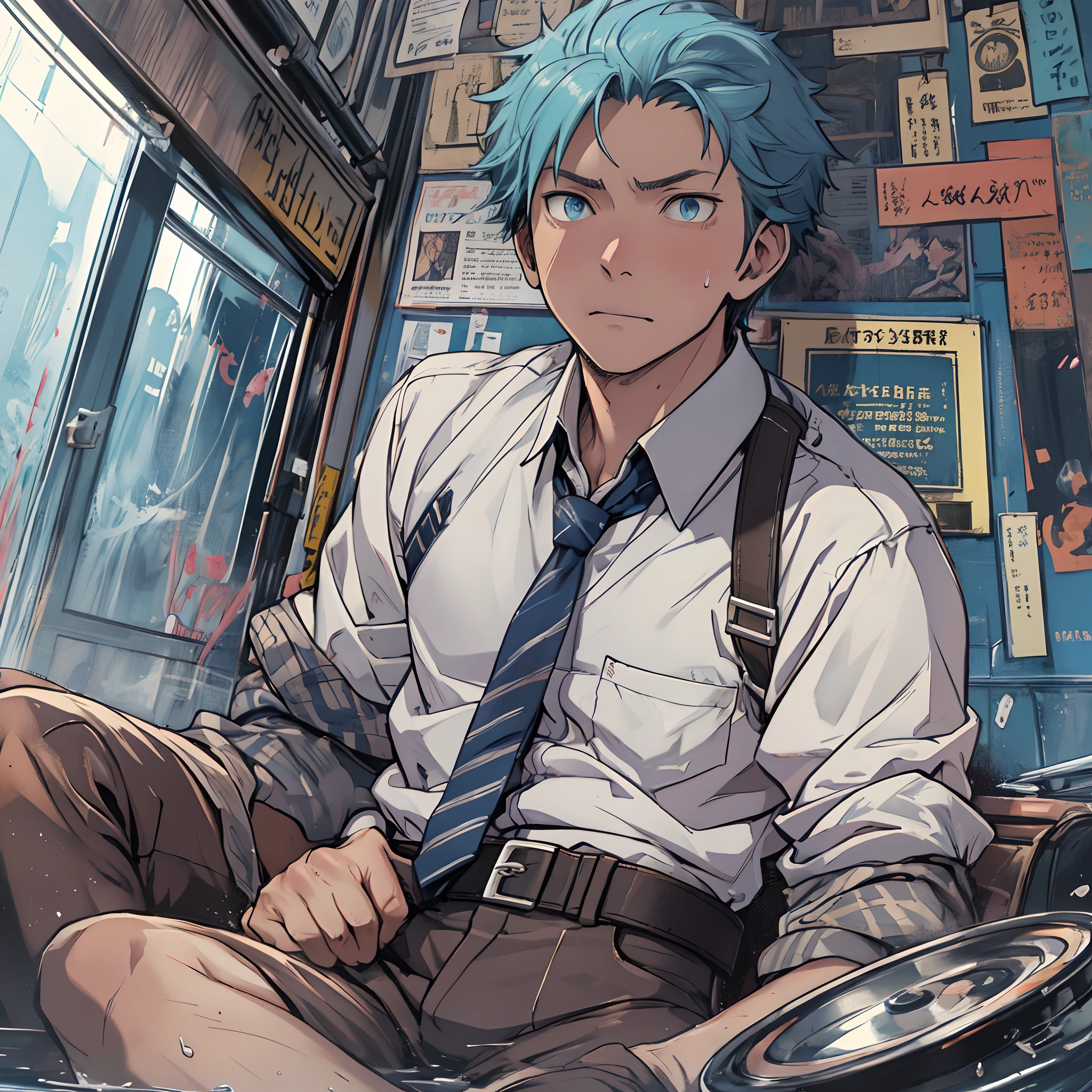 (1 Adult male),A high resolution, Sharp focus, Pixiv masterpiece, ((Complicated details)), highly detailed, natsuki_subaru, 1 man, Lazy,full bodyesbian,sit astride,Tired,decadent, blue color eyes(eyes glowing), Short yellow hair,white shirt,Wear a tie,Wear a belt,perspire,Drenched,Get wet,look from down