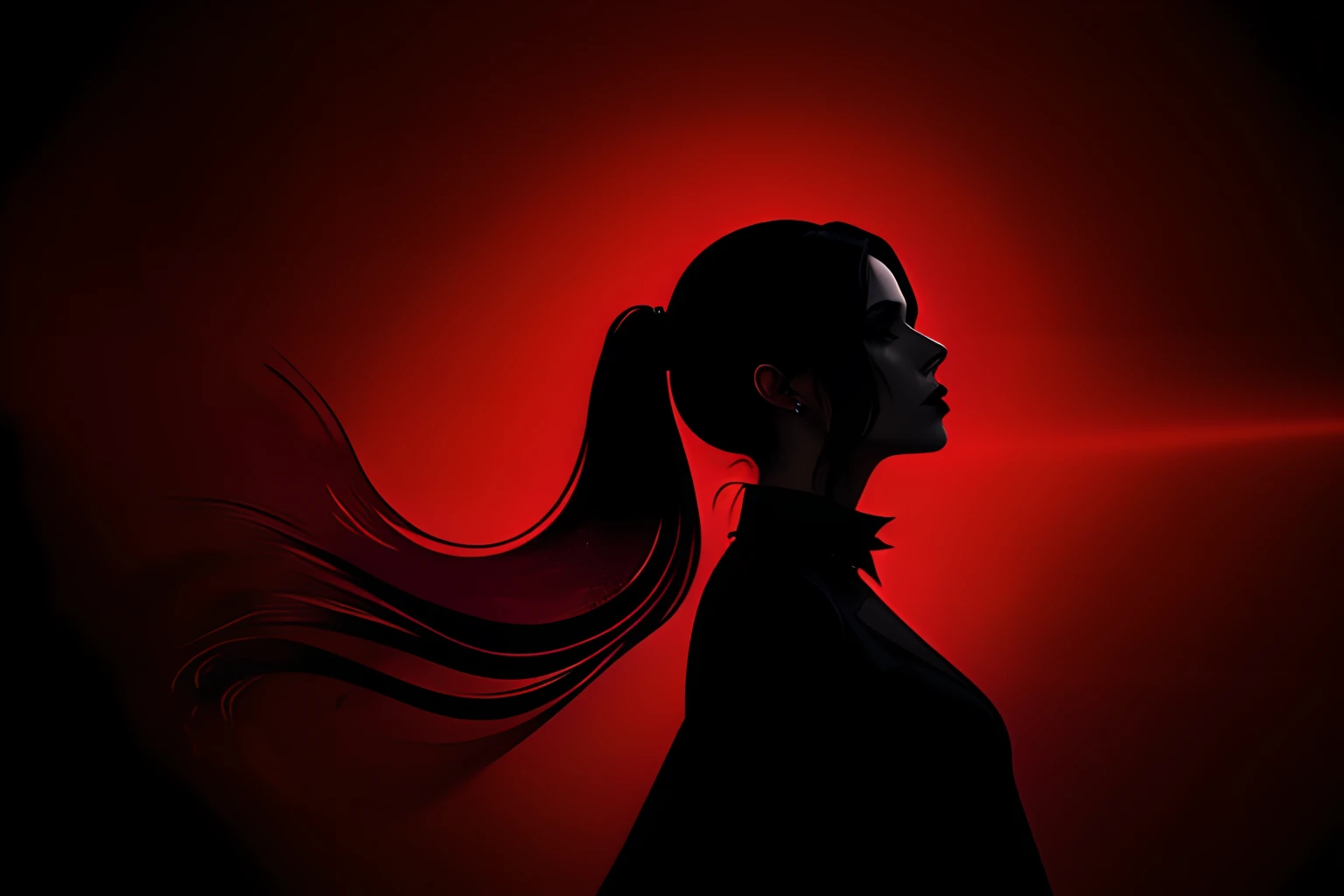 a fine color ink lineart sketching of a goth woman silhouette with a glossy shiny outline vibrant red reflective [volumetric] splash, best quality, elegant, sharp clear art, black background