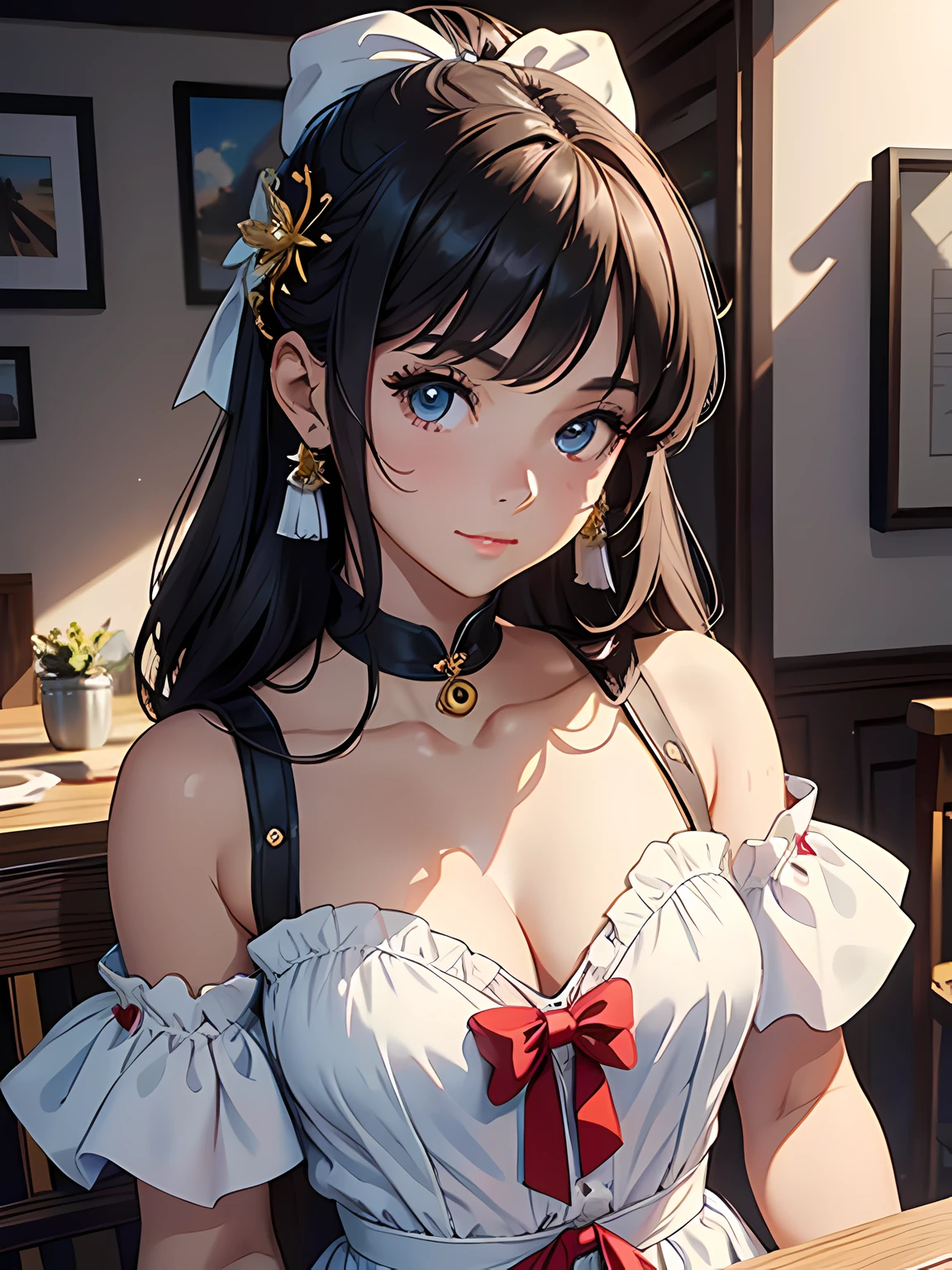 femele，Kizi，a beauty girl，solo person，Hair over the shoulder，Bow hair ornament，Summer dress，coffeehouse，Works of masters，Best image quality，Higher quality，high detal，超高分辨率，8K分辨率，bust，exquisite facial features，s the perfect face，Glowing skin