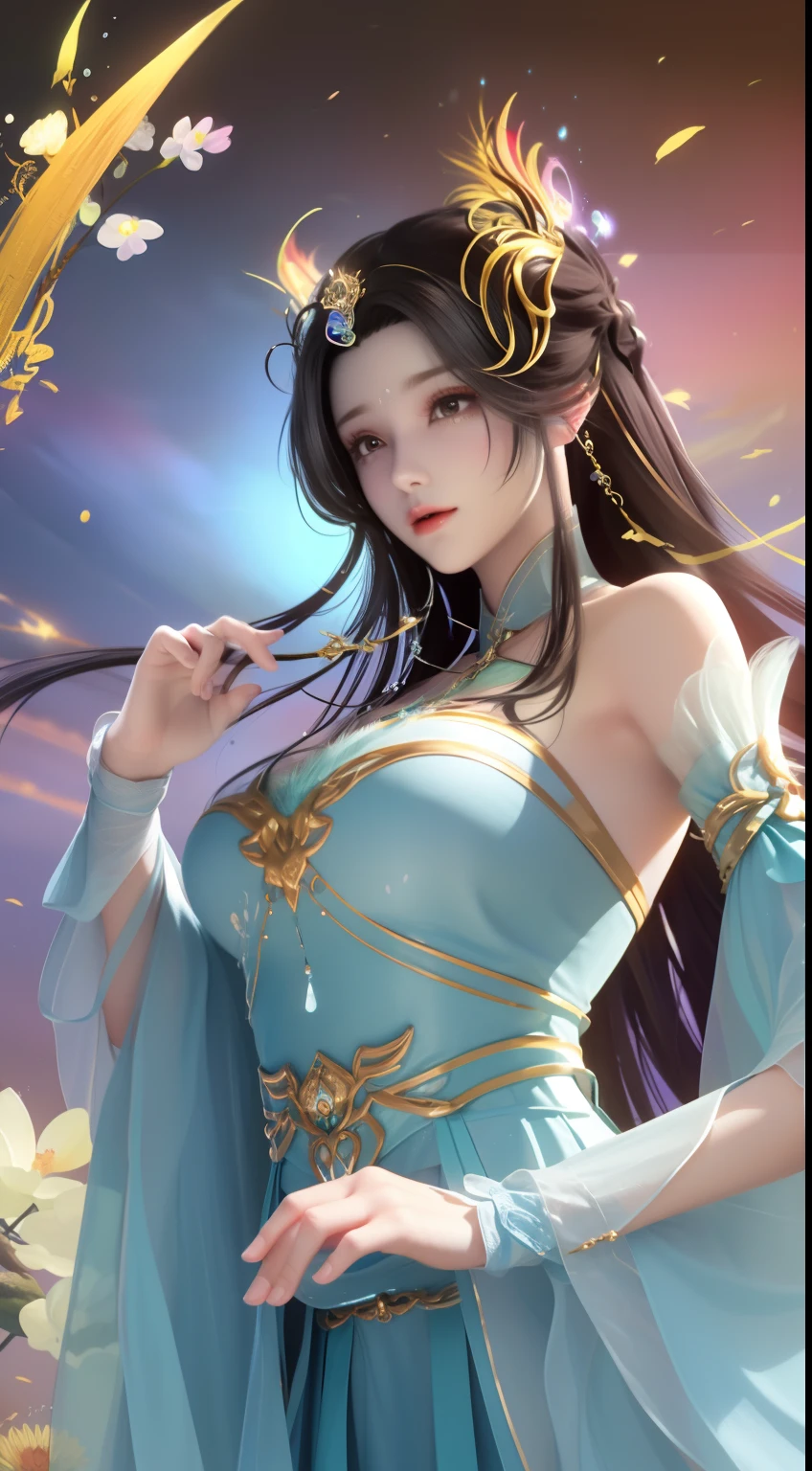(8K, RAW photo:1.2), Best quality, 超高分辨率,Dramatic angle,(fluttering detail color splash), (illustration),(((1 girl))),(Long hair),(rain:0.9), (head gear:1.4),There is an ancient palace beside the girl,Breast enlargement,Hanfu,(focal point),colored ink drawing,(Splash color),Splash color,(((Colorful))),(sketching:0.8) , Masterpiece, Best quality, beautiful painted, High level of detail,(Denoising:0.6),[Splash ink],((ink refraction)), (Beautiful detailed sky),Moon,highly,A detailed,(Masterpiece, Best quality, Extremely detailed） CG unity 8K wallpaper，tmasterpiece，Best quality at best，ultra - detailed），（Stone garlic），