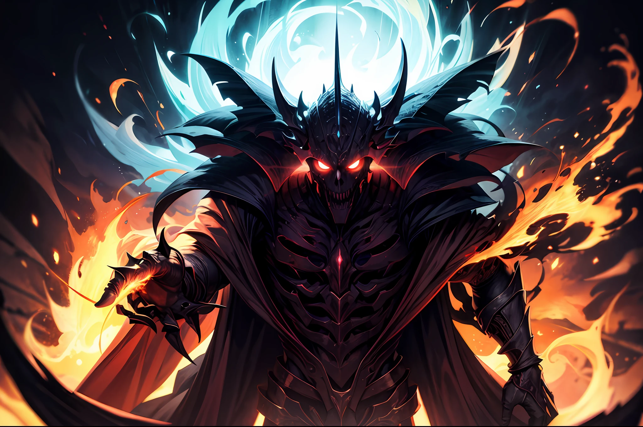 Thanatos ,The god of death walks through,(male), (with blue ghost fire around), red eyes, wearing black cloak, in the dark, death area, glassy eyes, purple fire ,dark element, anime, high detail, chiaroscuro, depth of field, cinematic lighting, sparkle, ray tracing, vignetting, (panorama), polar opposites, masterpiece, best quality, high quality, high details, textured skin, anatomically correct, accurate, UHD, 1080P
