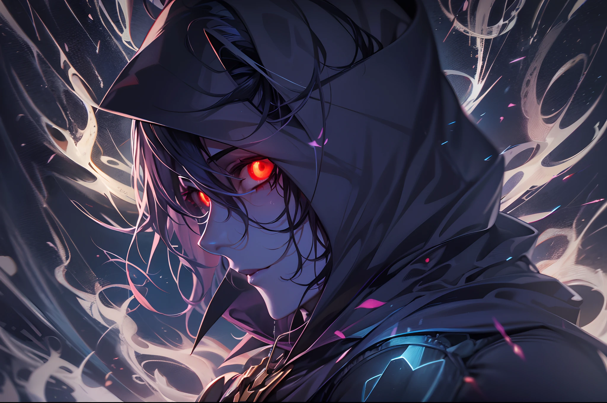 Thanatos ,The god of death walks through,(male), (with blue ghost fire around), red eyes, wearing black cloak, in the dark, death area, glassy eyes, purple fire ,dark element, anime, high detail, chiaroscuro, depth of field, cinematic lighting, sparkle, ray tracing, vignetting, (close-up), polar opposites, masterpiece, best quality, high quality, high details, textured skin, anatomically correct, accurate, UHD, 1080P