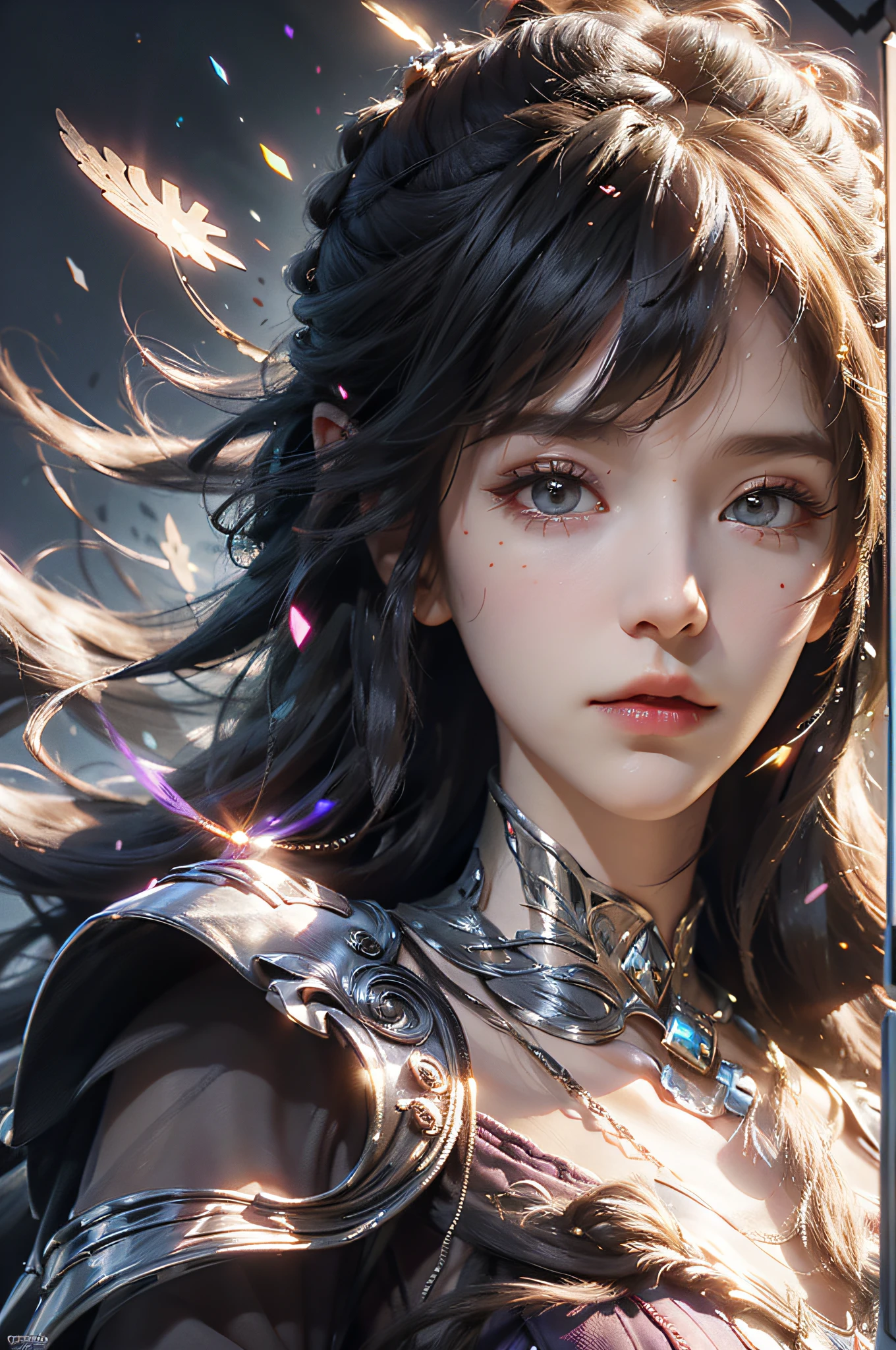 (absurdres, highres, ultra detailed), 1woman, mature female, aged up, wavy long hair, white hair, black eyes, bangs, long sleeves, finely detailed eyes and detailed face, extremely detailed CG unity 8k wallpaper, intricate details,  looking down, solo, half shot, detailed face, stoic expression, dynamic pose, flowing hair, classical era, (ancient roman theme:1.1), roman mythology,  Roman empire,  Capua, ancient vineyard, oracle,  cape,  iron accessories, ancient theme, (flourishing civilization:1.1), pristine white marble, (intact:1.1) marble buildings,  hills in background, brazier, burning embers, night, darkness, stars, aura of light, majestic atmosphere, floating stone particles,, portrait, wind swirling