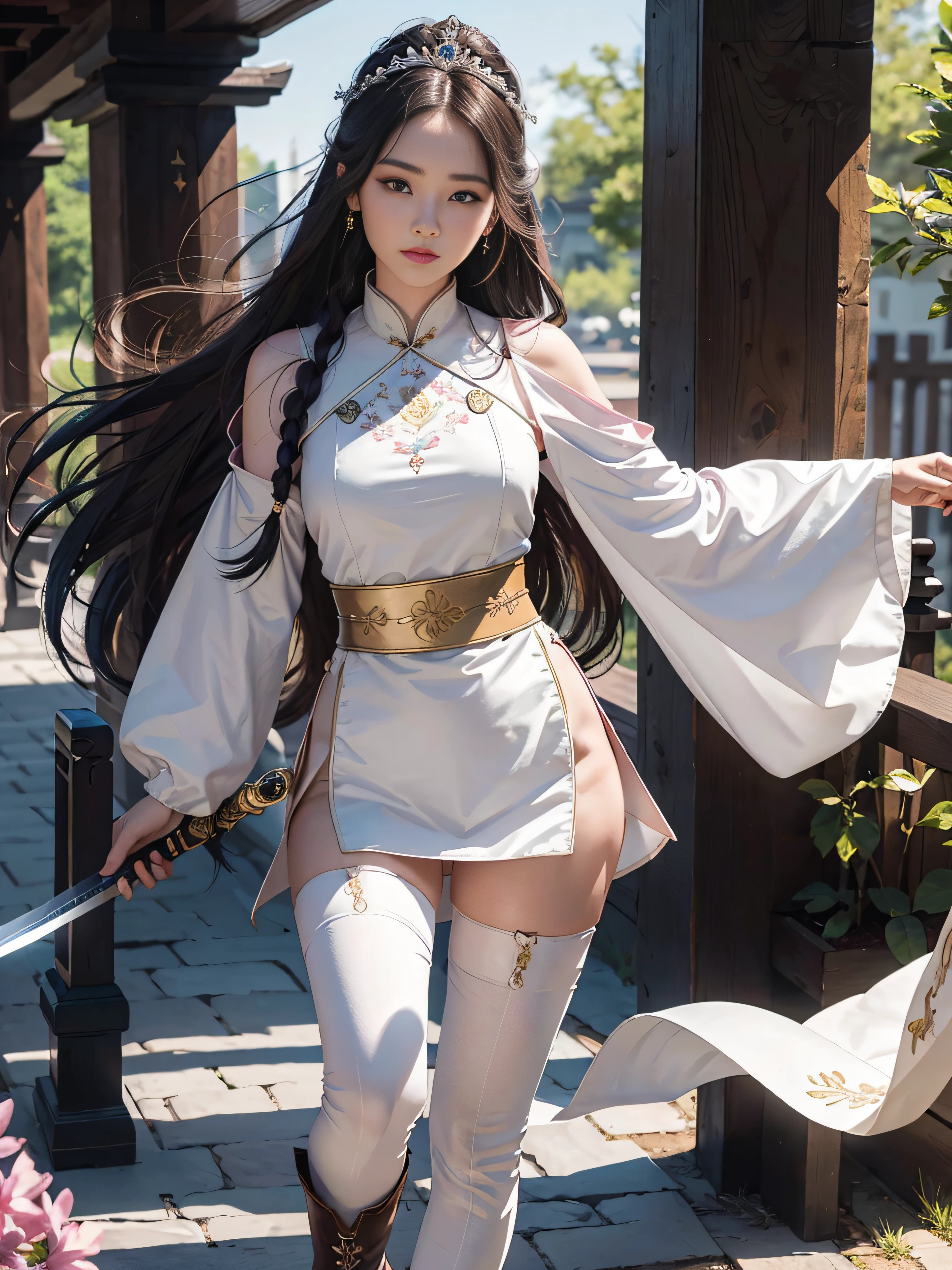 Royal sister,swordsmen,Big sister type,Oriental women,gallant woman,A female disciple of the Emei School,Cold sass,tmasterpiece,A high resolution,,Absolutely beautiful,,looking toward the viewer,full bodyesbian,frontage,(Wide buttock:1.3),(Thick legs:1.4),are standing,cruel grin,exquisitedetails,A high resolution,Wallpapers,,(Wear boots),Show off the boot look,(Knee-length stockings exposed),All over pale pink Hanfu,ancient wind,Hanfu,Wear long pants,floral patterns,clubs,Wide waistband,The emblem of the Emei faction,Hair is usually black or dark brown,simple tiara,Like a hairpin、hairpins, etc,Beautiful appearance,Good facial features,The eyes are shining,with fair skin,Plump body,Act lightly,Like a fairy。natural poses,standing on your feet,sword sheath, Fanning,16K,HDR,A high resolution,depth of fields,Bocoon,prime time,Vignette,rainbowing