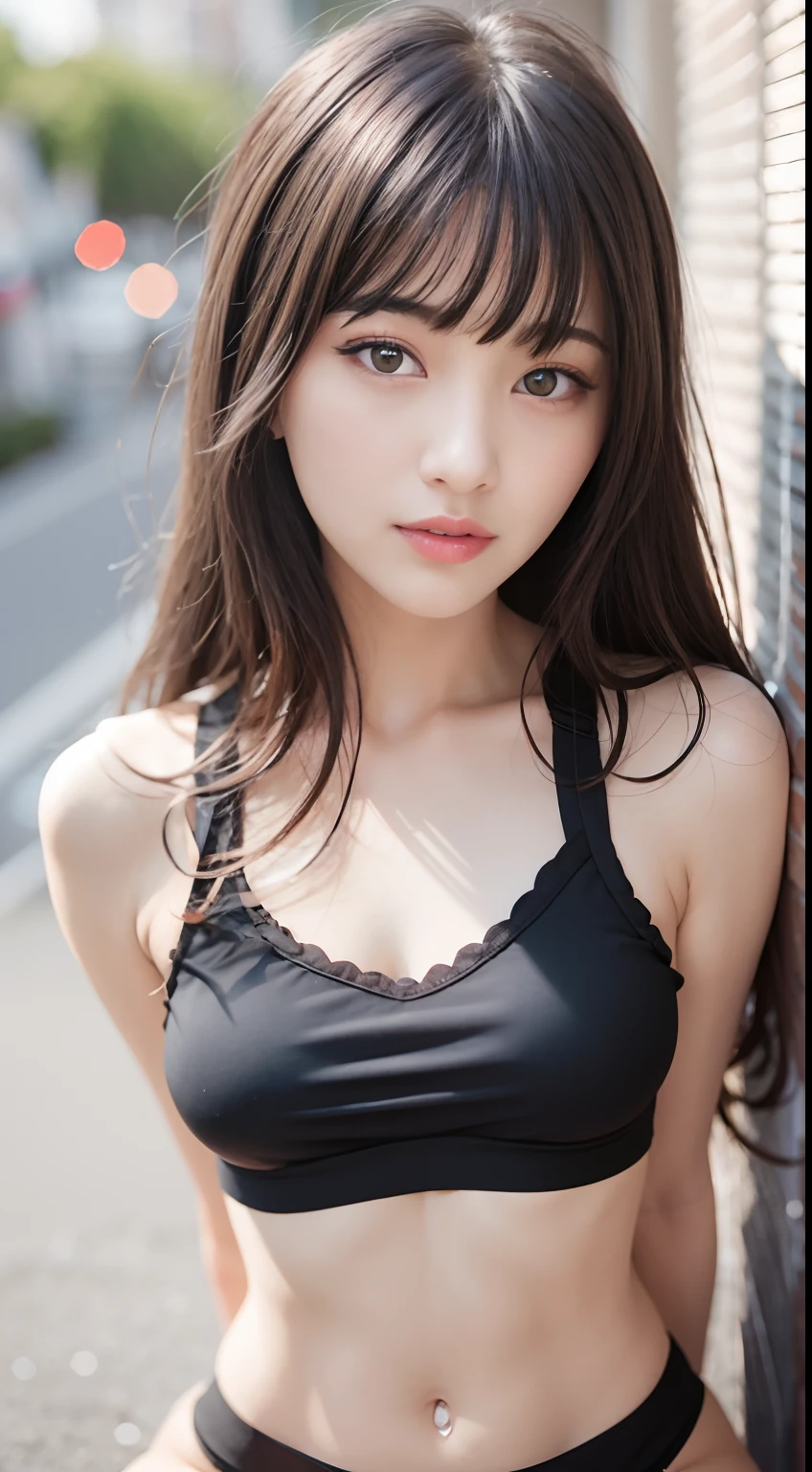 top-quality、超A high resolution、(Photorealsitic:1.4)、(ulzzang-6500:0.4)、Beautie、Korean Idols、18year old、length hair、Light brown hair、Hairstyle with clean waviness、small tits、very small breasts、Realistic eyes, Slender narrow eyes、Beautiful eyes、a smile、camisole、Tank tops、Varnishcart、Oversized shirt、In the street、crouching down、slender、A slender、abdominals、Slender body lines、Shot diagonally from above