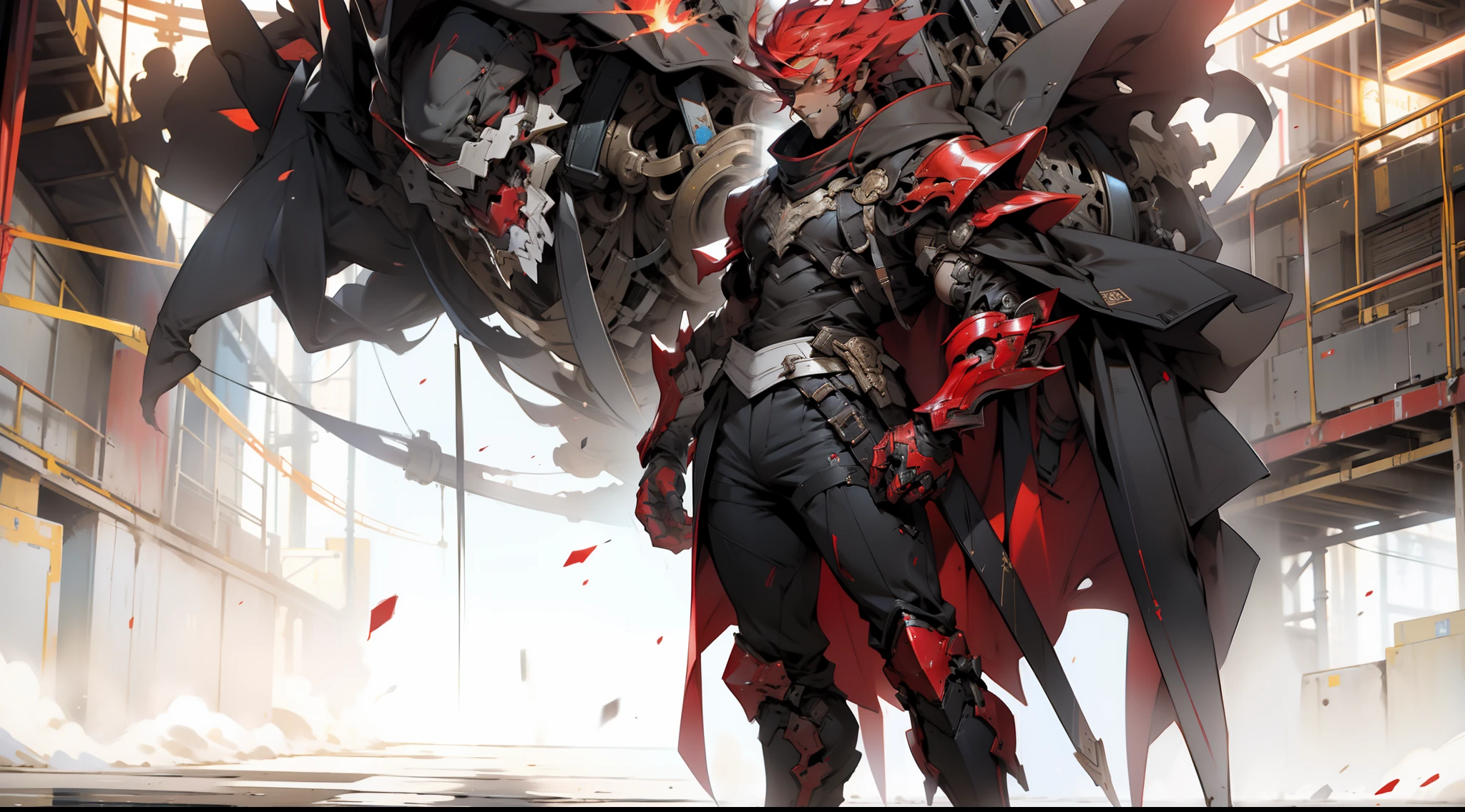 tmasterpiece,Need,1boy,Red and black armor,Red and black tights,full bodyesbian,bald-headed,machine arm,malefocus,sci-fy,solo person,standing on your feet,flaming background