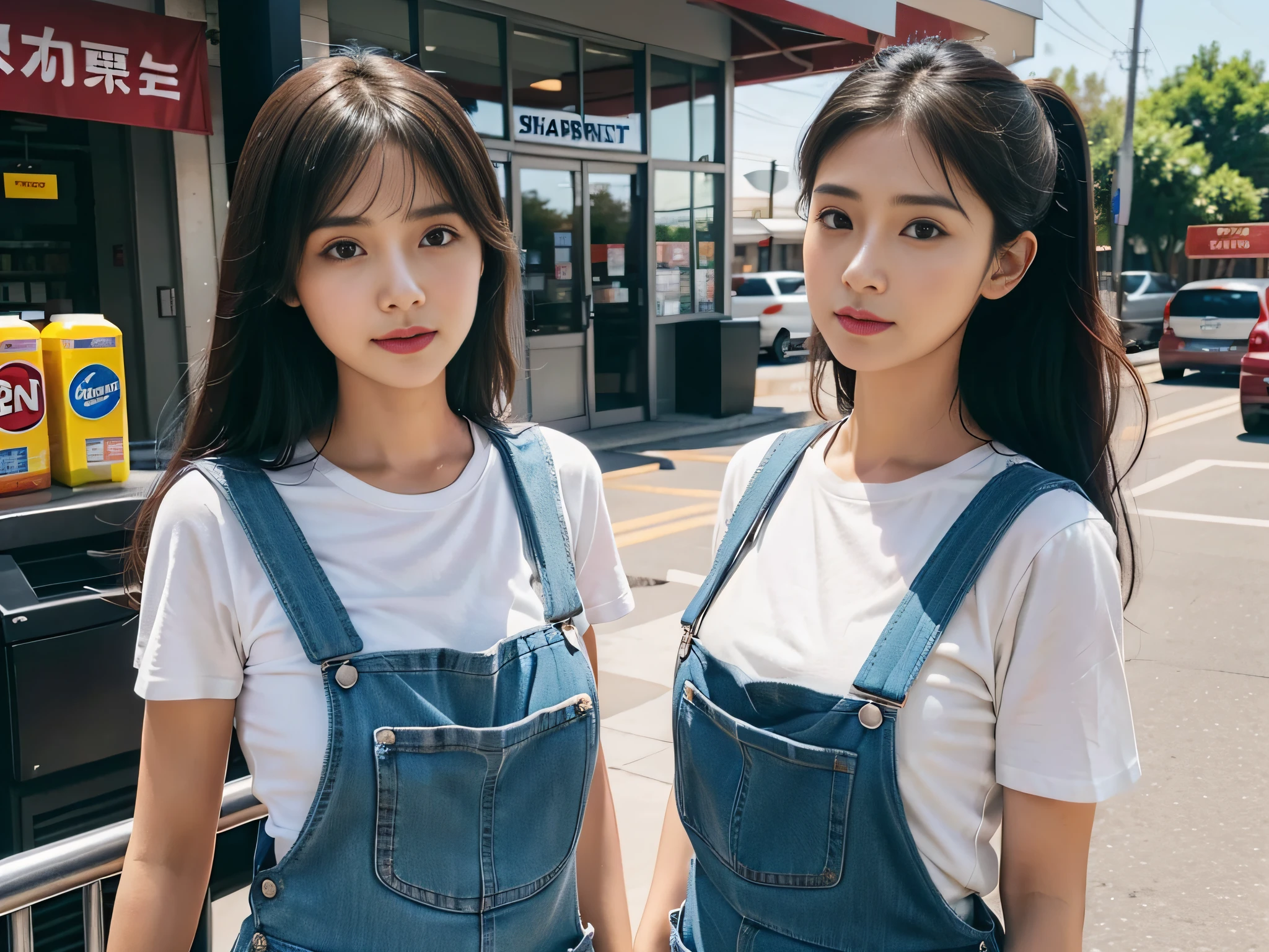 1 female supermarket saleswoman wearing overalls,Laundry detergent in hand,Introduce products to customers,Detailed facial expressions,sface focus。
