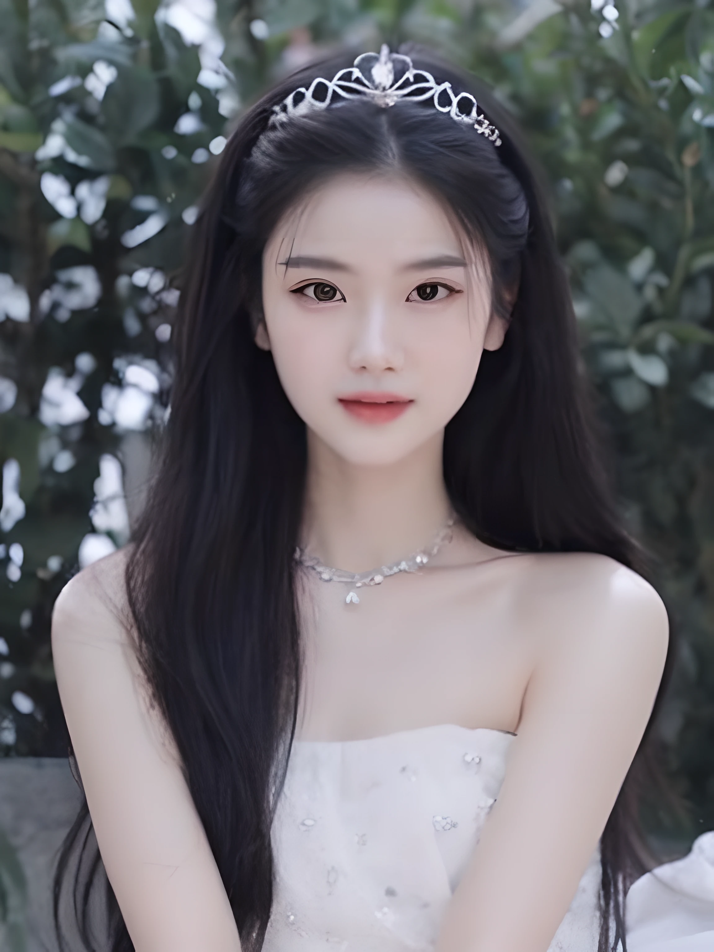 A woman in a white dress sits on a bench，Wear TIA, white hime cut hairstyle, Cai Xukun, gorgeous chinese models, full-body xianxia, Inspired by Tang Yifen, xision wu, xintong chen, Inspired by Huang Ji, Xianxia, black hime cut hair, Asian girl with long hair, shaxi, ruan jia beautiful!