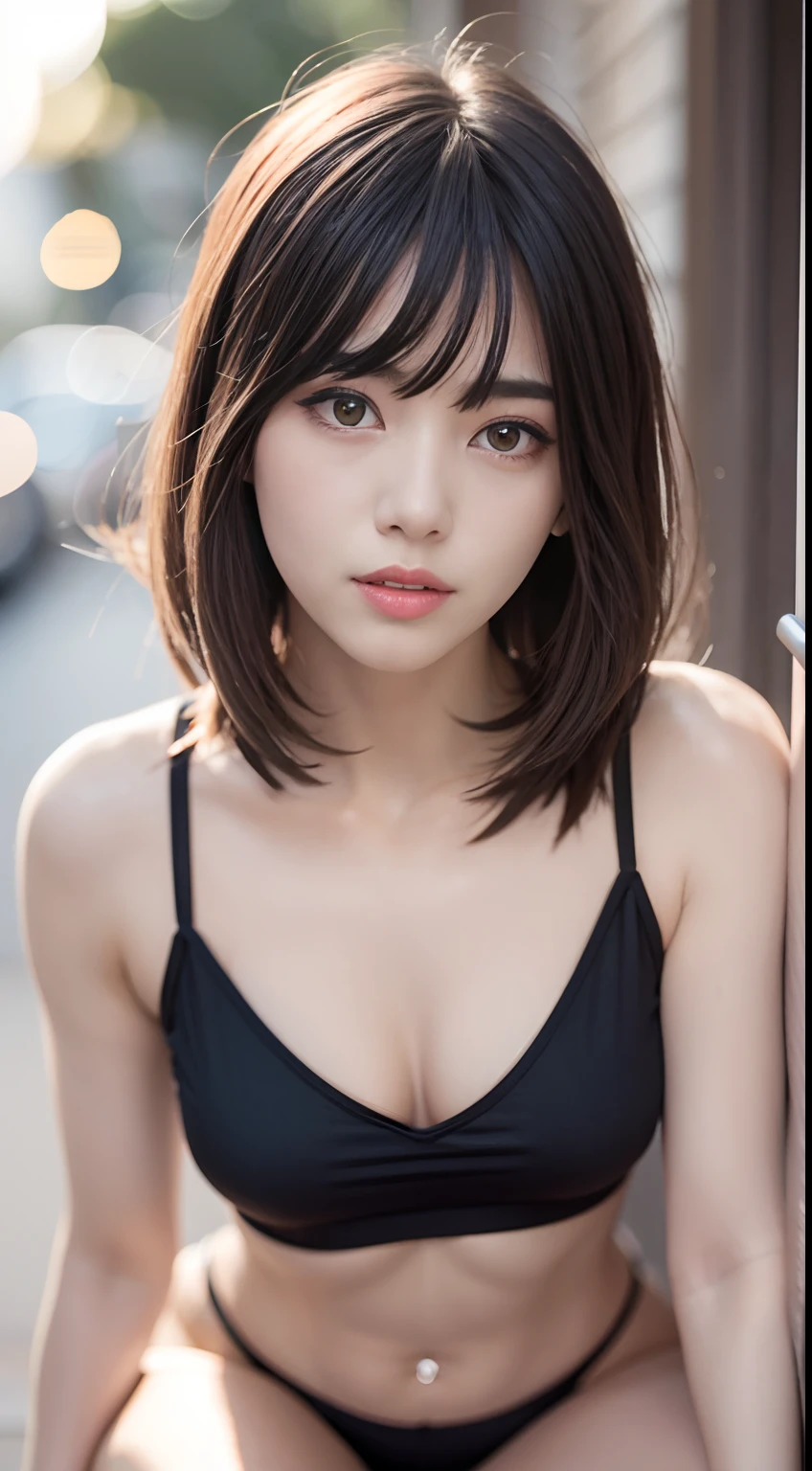top-quality、超A high resolution、(Photorealsitic:1.4)、(ulzzang-6500:0.4)、Beautie、Korean Idols、18year old、length hair、Light brown hair、Hairstyle with clean waviness、small tits、very small breasts、Realistic eyes, Slender narrow eyes、Beautiful eyes、a smile、camisole、Tank tops、Varnishcart、Oversized shirt、In the street、crouching down、slender、A slender、abdominals、Slender body lines、Shot from diagonally in front