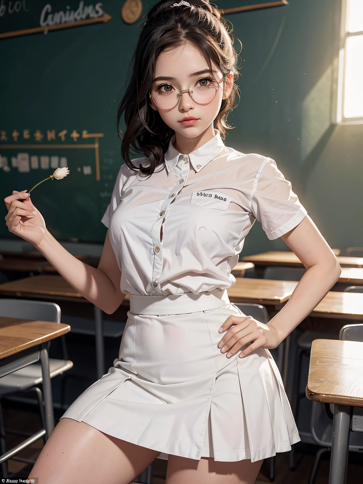 1girl, obra maestra, mejor calidad, ultra detallado, illustration, 8-year-old American girl in short skirt, con medias blancas, rubia, cabello largo, ojos finamente detallados y cara detallada) Ropa: uniforme escolar corto, anillo de bodas, Apariencia: Short black hair in a low, clean bun, maquillaje natural, (ojos morados: 1.05), gafas blancas, caderas anchas, senos masivos, seductor, maternal, mirando al espectador, curvilíneo, voluptuoso, cuerpo completo, colegiala, ( in short skirt: 1.1), solo, (curvy: 1.1), culo grande, muslos gruesos, milf, Classroom Fund,