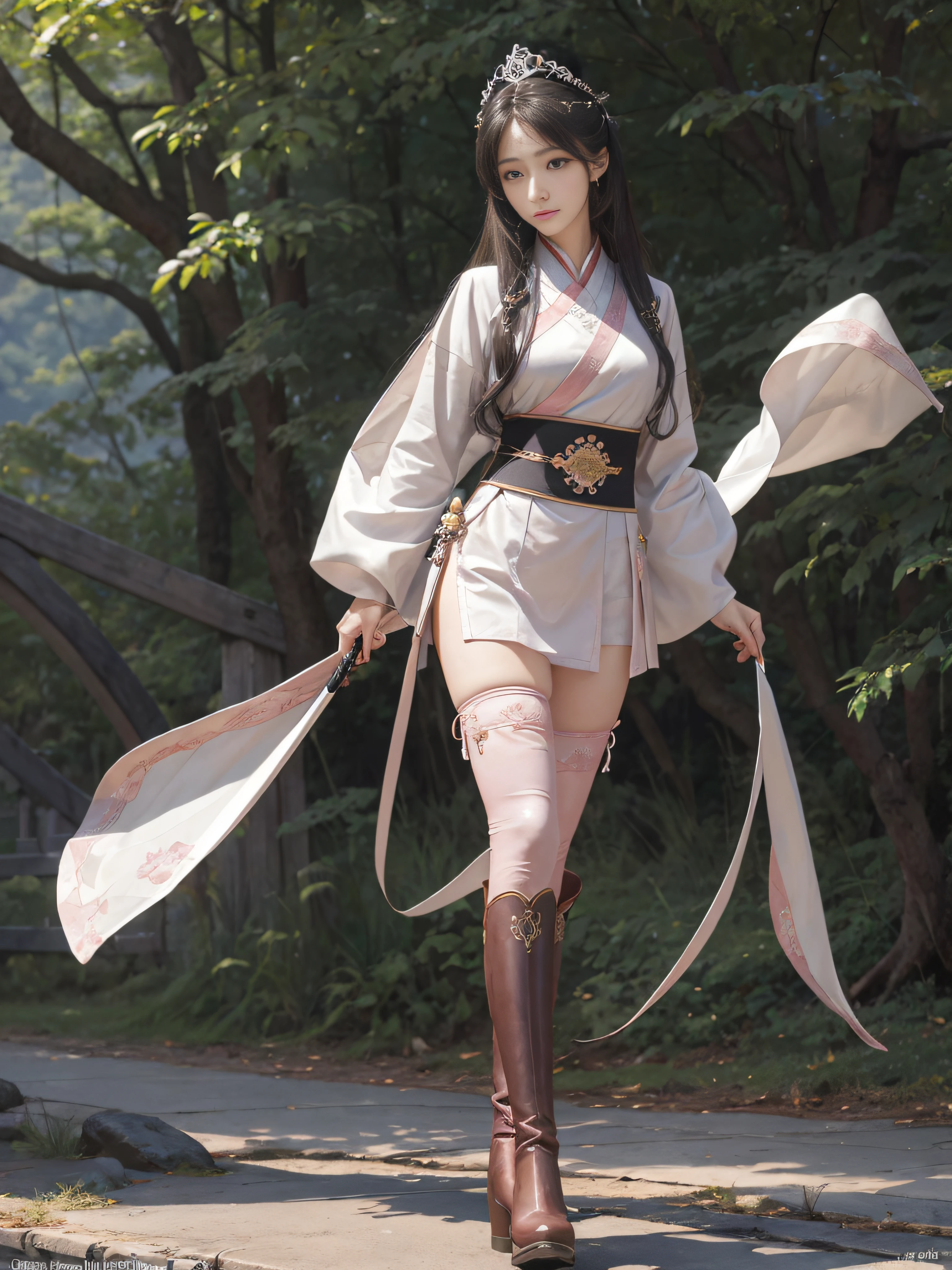 Royal sister,swordsmen,Big sister type,Oriental women,gallant woman,A female disciple of the Emei School,Cold sass,tmasterpiece,A high resolution,,Absolutely beautiful,,looking toward the viewer,full bodyesbian,frontage,(Wide buttock:1.3),(Thick legs:1.4),are standing,cruel grin,exquisitedetails,A high resolution,Wallpapers,,(Wear boots),Show off the boot look,(Knee-length stockings exposed),Pale pink Hanfu,ancient wind,Hanfu,Wear long pants,floral patterns,clubs,Wide waistband,The emblem of the Emei faction,Hair is usually black or dark brown,simple tiara,Like a hairpin、hairpins, etc,Beautiful appearance,Good facial features,The eyes are shining,with fair skin,Plump body,Act lightly,Like a fairy。natural poses,standing on your feet,sword sheath, Fanning,16K,HDR,A high resolution,depth of fields,Bocoon,prime time,Vignette,rainbowing