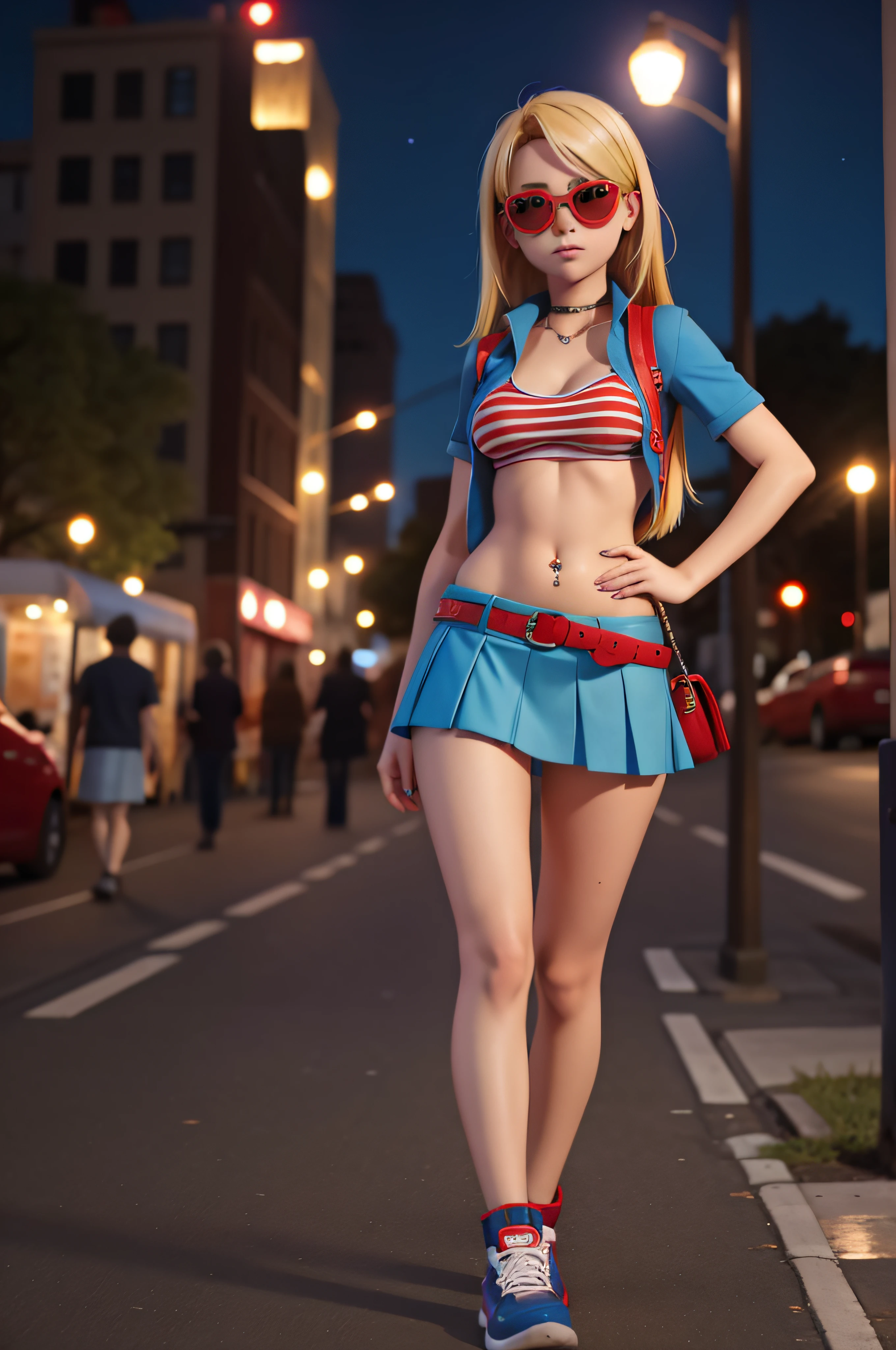 1 girl, 20 years old, blonde hair with red streaks, blue look, blue miniskirt, sunglasses, night city, navel piercing