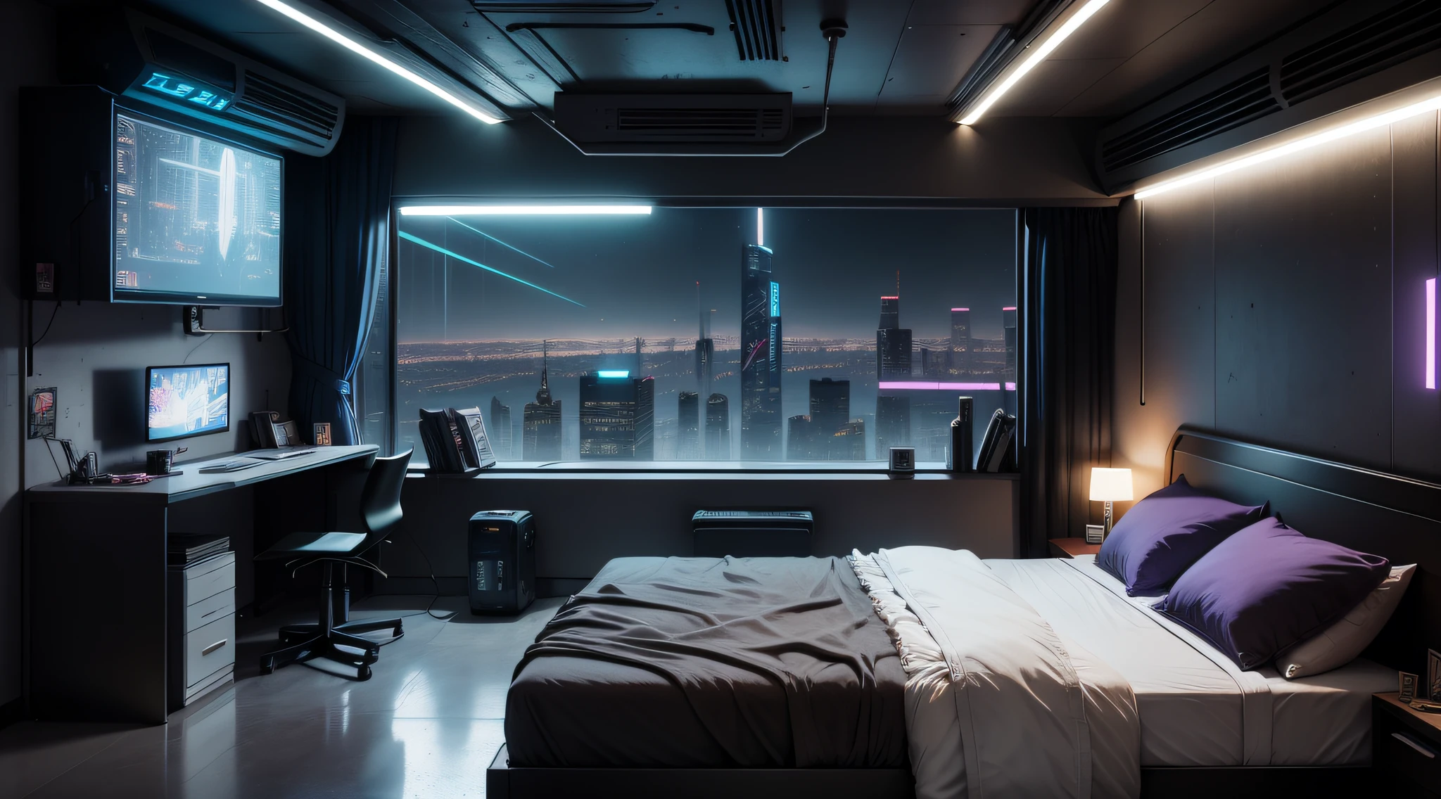 Cyberpunk tech-inspired bedroom,Bed with table,There is a trolley on the table