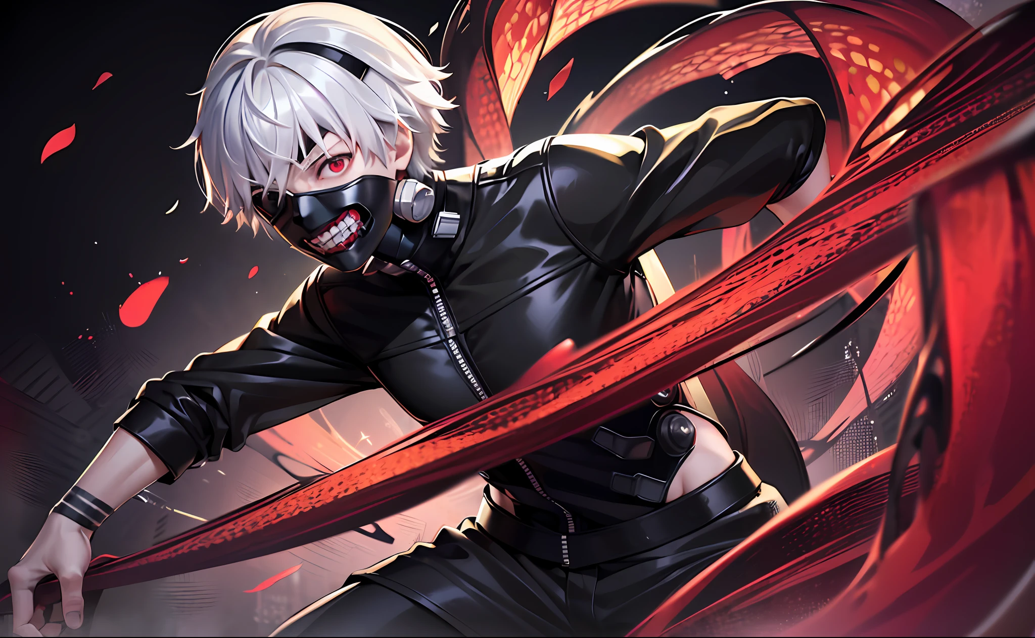 8k, anime, portrait, best quality, ultra high res, ultra detailed, black and high constrast color tone, extremely detailed lighting, cinematic lighting, soft lights, (masterpiece, high quality:1.4), (kaneki ken, black hair, white hair, red and black eye, mask | teeth, blood eyes, black clothes, scorpio tentacles),  blood, ((full body)), (dynamic pose), black background, thrilling, (fierce face),close up shot,