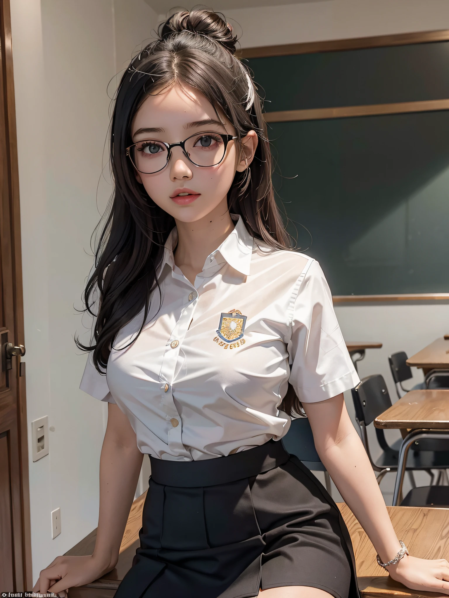 1girl, obra maestra, mejor calidad, ultra detallado, illustration, 8-year-old American girl in short skirt, con medias blancas, rubia, cabello largo, ojos finamente detallados y cara detallada) Ropa: uniforme escolar corto, anillo de bodas, Apariencia: Short black hair in a low, clean bun, maquillaje natural, (ojos morados: 1.05), gafas blancas, caderas anchas, senos masivos, seductor, maternal, mirando al espectador, curvilíneo, voluptuoso, cuerpo completo, colegiala, (8-year-old girl in short skirt: 1.1), solo, (curvy: 1.1), culo grande, muslos gruesos, milf, Classroom Fund,