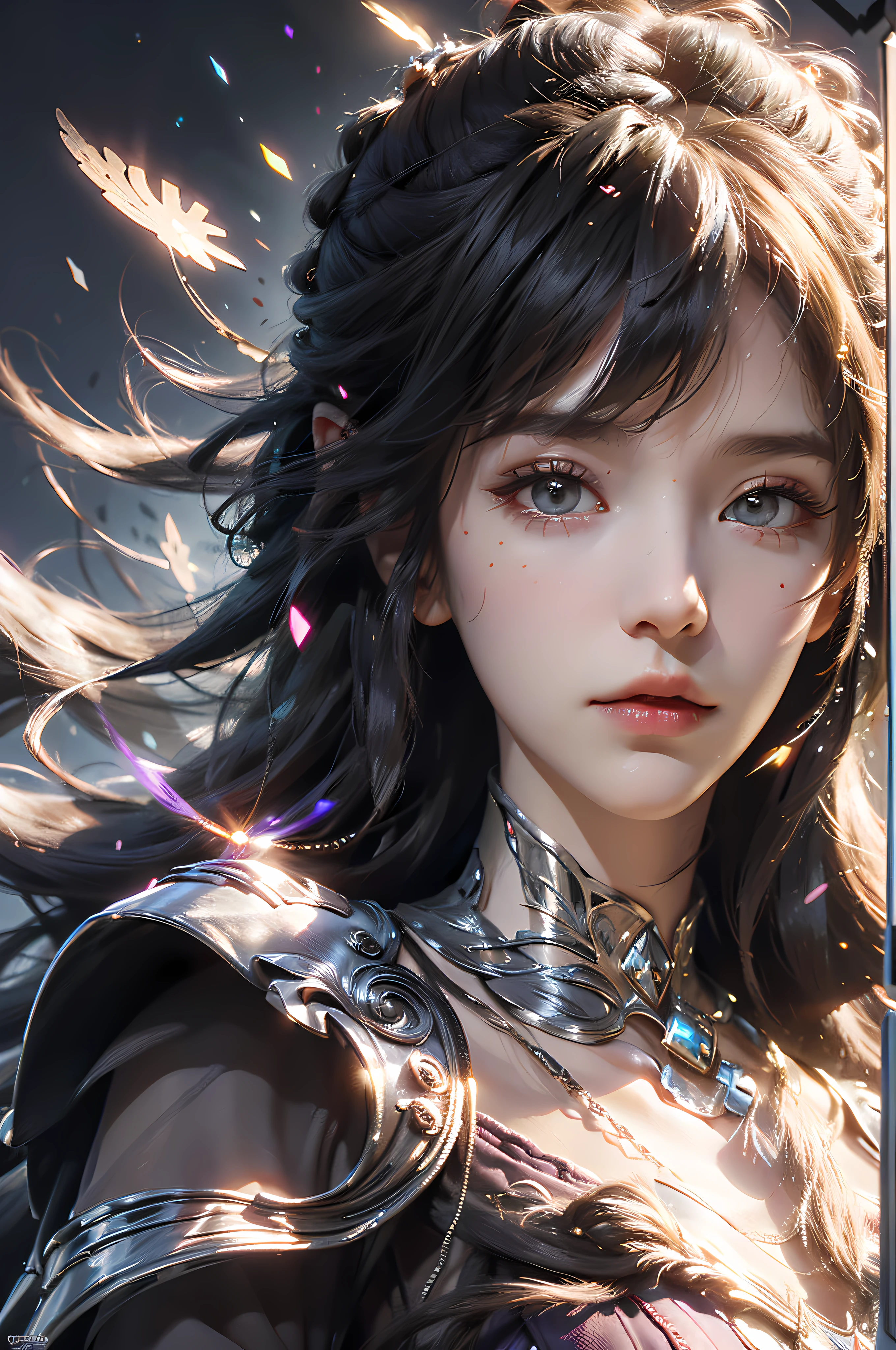 (absurdres, highres, ultra detailed), 1woman, mature female, aged up, wavy long hair, white hair, black eyes, bangs, long sleeves, finely detailed eyes and detailed face, extremely detailed CG unity 8k wallpaper, intricate details,  looking down, solo, half shot, detailed face, stoic expression, dynamic pose, flowing hair, classical era, (ancient roman theme:1.1), roman mythology,  Roman empire,  Capua, ancient vineyard, oracle,  cape,  iron accessories, ancient theme, (flourishing civilization:1.1), pristine white marble, (intact:1.1) marble buildings,  hills in background, brazier, burning embers, night, darkness, stars, aura of light, majestic atmosphere, floating stone particles,, portrait, wind swirling