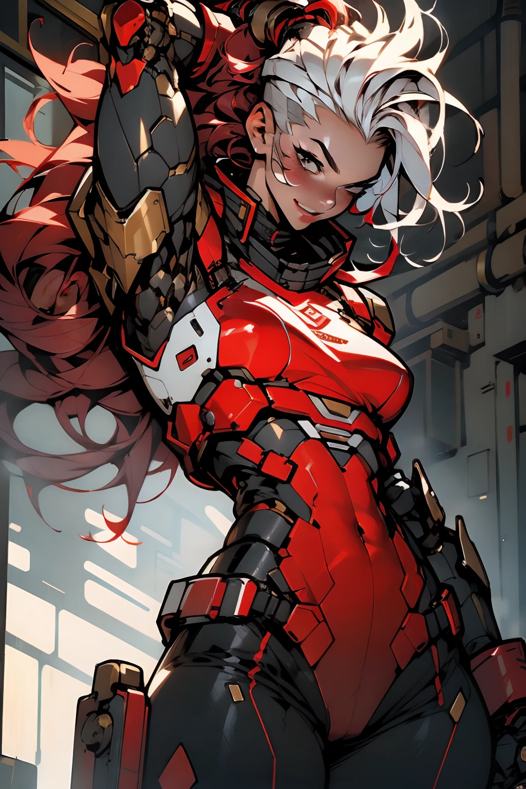 (((masterpiece))), (((best quality))), ((((absurdities))), Muscular 35-year-old adult woman with robotic armor, large breasts, sensual pose, white mohawk hair with red locks, proportional body, full body, beautiful, mischievous smile, military installation