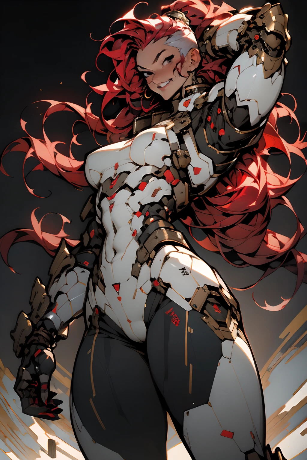 (((masterpiece))), (((best quality))), ((((absurdities))), Muscular 35-year-old adult woman with robotic armor, large breasts, sensual pose, white mohawk hair with red locks, proportional body, full body, beautiful, mischievous smile, military installation