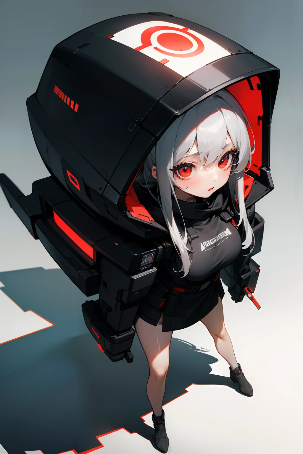 .1girl in, (red eyes)、radiant eyes、 Long grey hair、 masterpiece, detailed shadow,ighly detailed, top-quality, hard disk, in 8K, hightquality,Girl in black hood、Clear face、Wearing a futuristic costume、Have futuristic weapons.