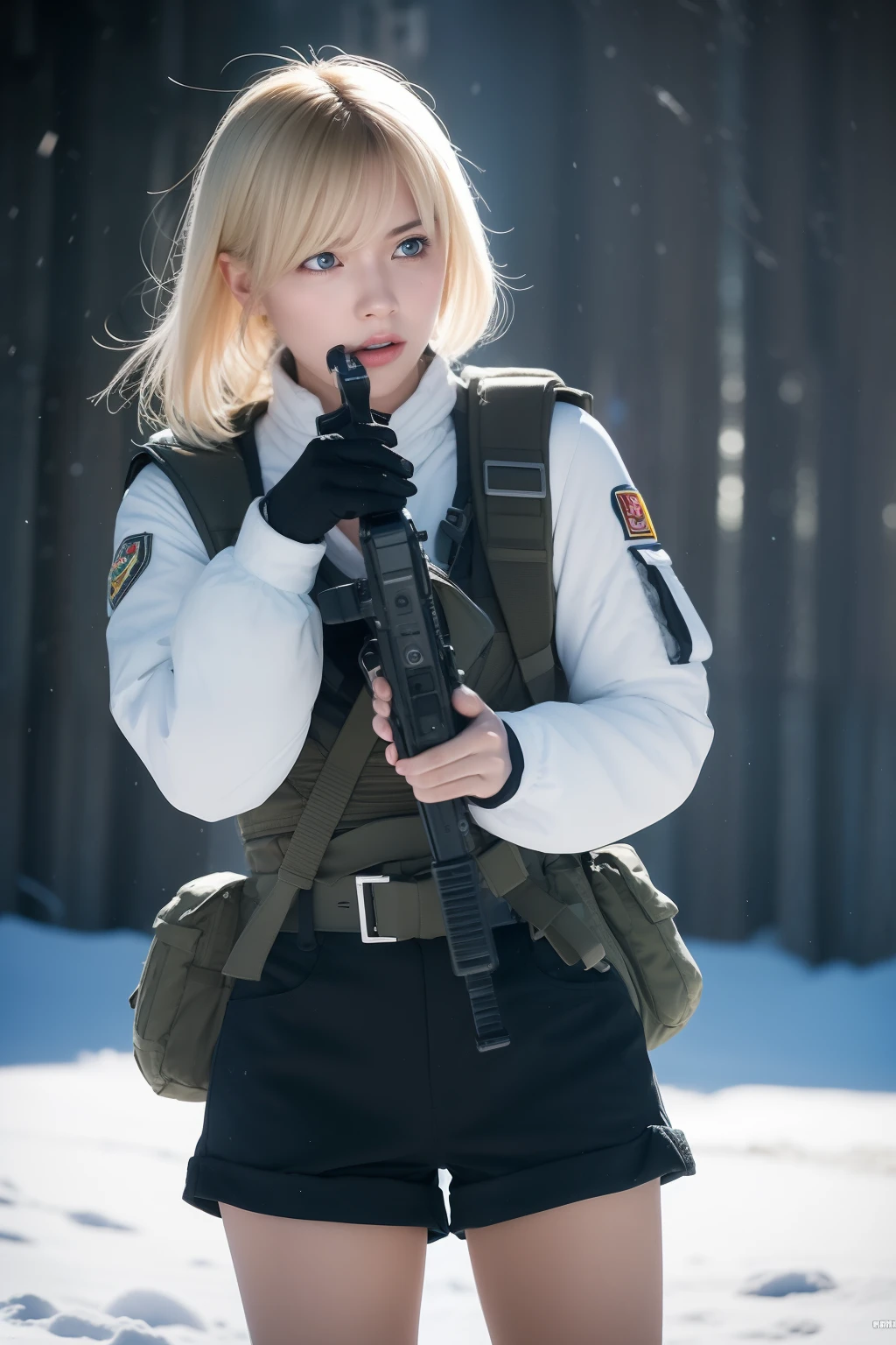 ，((masterpiece:1.2, best quality)),movie,official art,promotional art,movie wallpaper,（A blonde girl in （（White combat uniform））, （White clothes and shorts）, exposing thighs, in a low angle shot holding a gun in the snow, engaged in a winter battle. Captured in a cinematic style, the scene includes multiple female soldiers armed with rifles on the frontline. The image is taken in an otherworldly fantasy realm. The color temperature is cool with a slight blue tint, conveying a sense of coldness and tension. The lighting is dramatic with harsh shadows and highlights, highlighting the woman's fierce expression. Shot with a Sony A7R IV camera using an aperture of f/2.8, ISO 1600, and a shutter speed of 1/200 sec. UHD dtm HDR 8k.