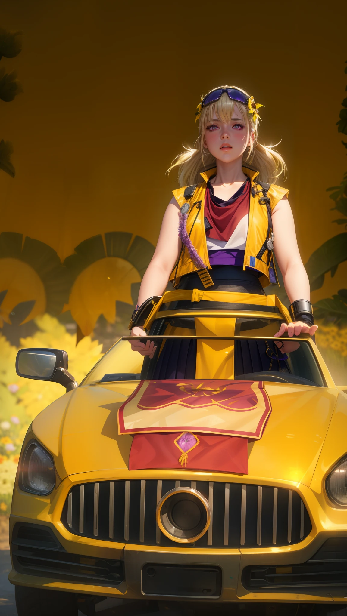 realistic, 1girl, yellow hair, purple eyes, glowing eyes, crop top, skirt, parted lips, blush, night, flowers, sun, sunlight,
