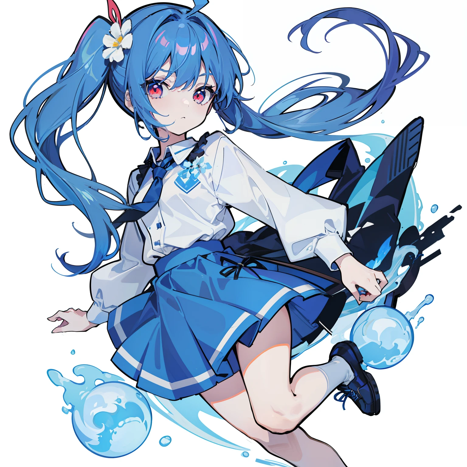 Cartoon drawing of a girl in a blue skirt and blue dress, 1girl in, Solo, Side Ponytail, fire, neck tie, Skirt, flower, White background, Blue hair,red eyes。 Hair Ornament, Hair Flower, Shirt, sox, Long sleeves, Full body, Simple background, shoes, Black footwear, White shirt