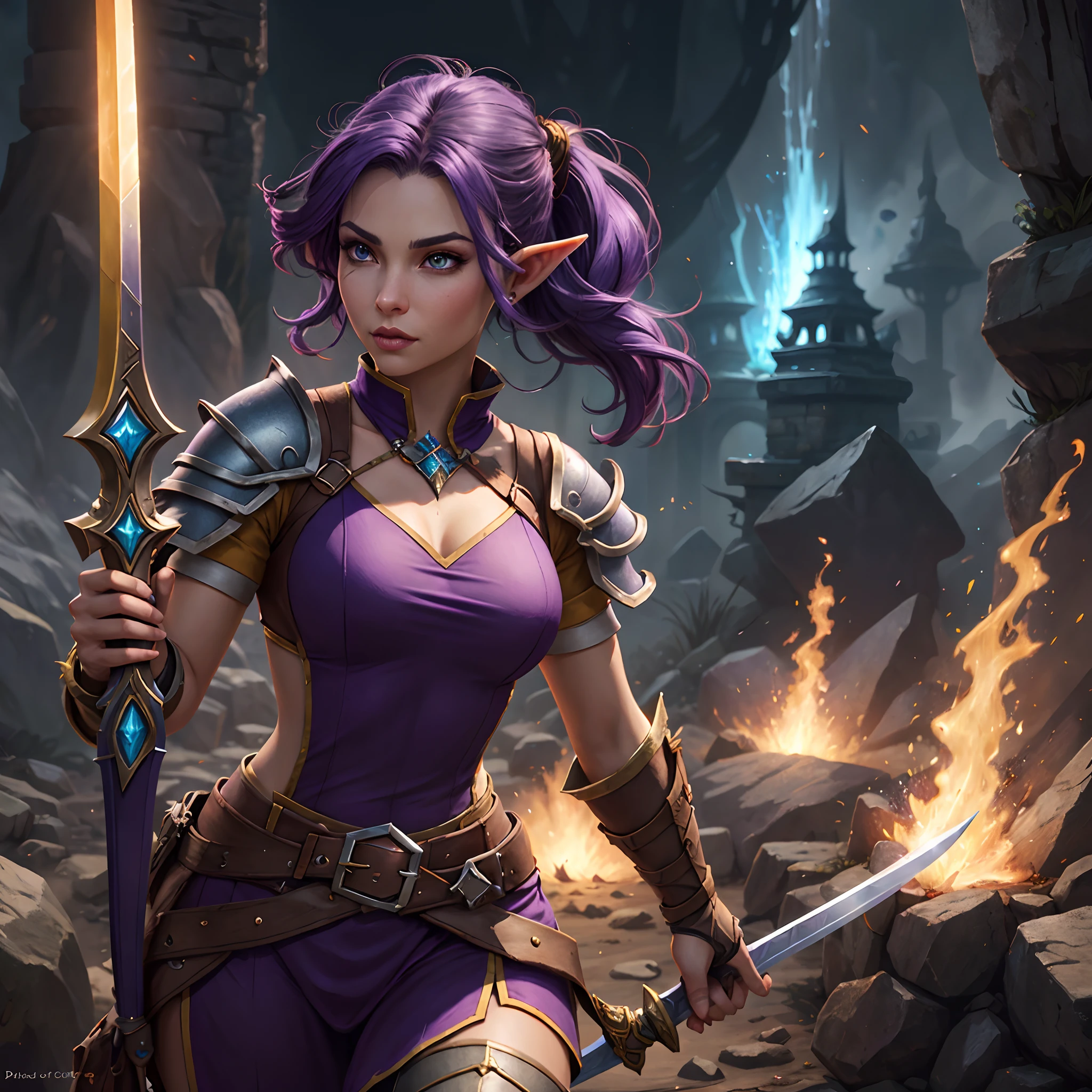 a close up of a female elf with purple hair holding a sword, elf warrior, world of warcraft, digital 2d fantasy art, epic fantasy digital art style.