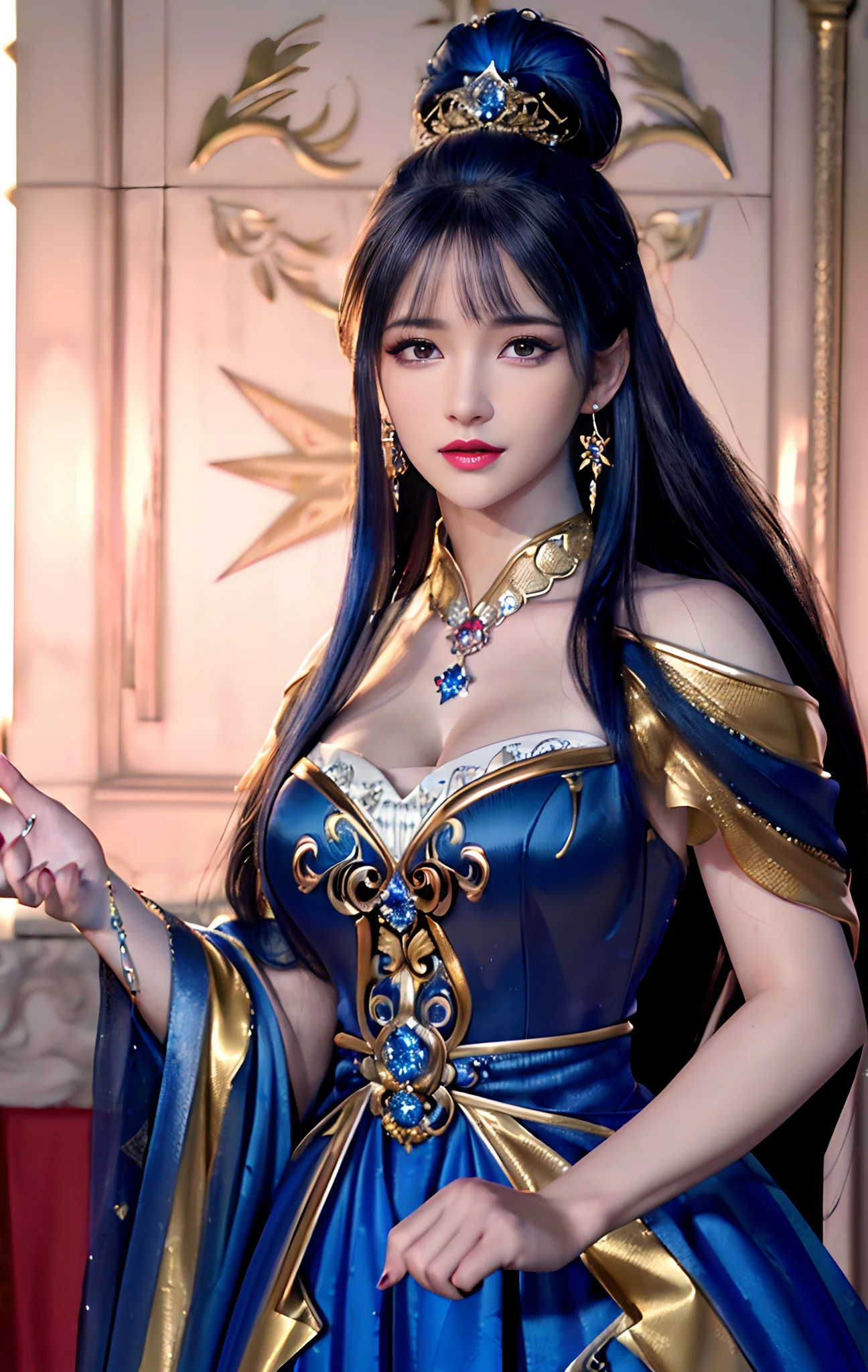((realisticity: 1.2)), ((realistic: 8K UHD)), ((best resolution: 8K UHD)), hyper detailed, best quality,masterpiece,highres,cg, ((1 girl hyper detailed and hyper realistic) ) , ((beautiful queen, hyper realistic and hyper detailed)),((white skin, beautiful, smooth, youthful, hyper realistic and hyper detailed )), ((Face hyper beautiful, white, hyper realistic and hyper detailed ) ), long hair, ((hyper realistic and hyper detailed dress)), solo, ((hyper realistic, hyper beautiful, beautiful and hyper detailed jewelry)), ((hyper beautiful deep red and golden yellow dress, hyper realistic and hyper detailed )) , ((Her pretty, hyper realistic, hyper detailed diamond filled earrings)), ((Her gorgeous diamond haircut, hyper realistic and hyper detailed)), ((hyper pretty upper body, hyper beautiful, hyper realistic and hyper detailed) ), ((medium breast: 1.5)), ((hyper realistic, hyper pretty, hyper detailed boobs)),   ((the backgroun of the royal palace is hyper majestic, hyper realistic and hyper detailed)),((hands and palms hyper beautiful, hyper detailed, hyper realistic)), ((hyper pretty, hyper pretty, hyper realistic and hyper detailed hair bun)), ((hyper pretty , hyper realistic and hyper detailed blue hair)), candid, Photo, high resolution, 8k , bokeh,