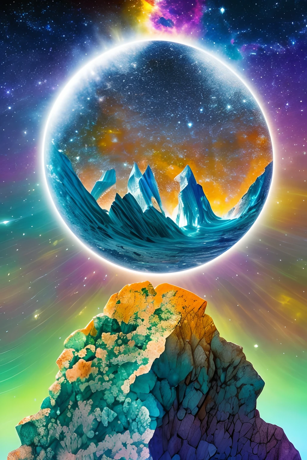 Cosmic space rocks imagined through an alien planet's crystal formations, with a close-up view of iridescent space rocks scattered amidst the crystals, emphasizing the fantastical and otherworldly qualities of space rocks, executed with an illustration style inspired by Art Nouveau, --ar 16:9 --v 5