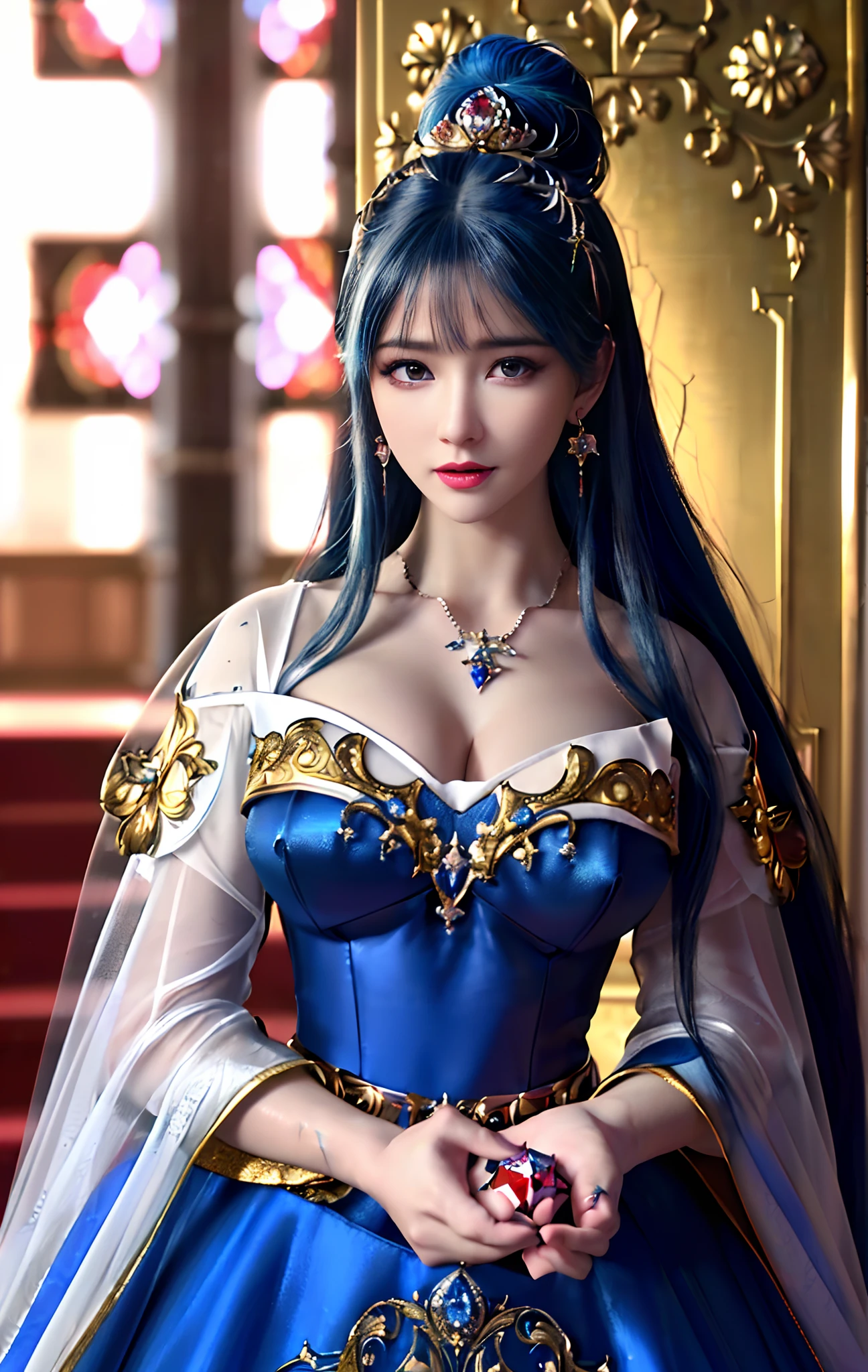 ((realisticity: 1.2)), ((realistic: 8K UHD)), ((best resolution: 8K UHD)), hyper detailed, best quality,masterpiece,highres,cg, ((1 girl hyper detailed and hyper realistic) ) , ((beautiful queen, hyper realistic and hyper detailed)),((white skin, beautiful, smooth, youthful, hyper realistic and hyper detailed )), ((Face hyper beautiful, white, hyper realistic and hyper detailed ) ), long hair, ((hyper realistic and hyper detailed dress)), solo, ((hyper realistic, hyper beautiful, beautiful and hyper detailed jewelry)), ((hyper beautiful deep red and golden yellow dress, hyper realistic and hyper detailed )) , ((Her pretty, hyper realistic, hyper detailed diamond filled earrings)), ((Her gorgeous diamond haircut, hyper realistic and hyper detailed)), ((hyper pretty upper body, hyper beautiful, hyper realistic and hyper detailed) ), ((medium breast: 1.5)), ((hyper realistic, hyper pretty, hyper detailed boobs)), ((the backgroun of the royal palace is hyper majestic, hyper realistic and hyper detailed)),((hands and palms hyper beautiful, hyper detailed, hyper realistic)), ((hyper pretty, hyper pretty, hyper realistic and hyper detailed hair bun)), ((hyper pretty , hyper realistic and hyper detailed blue hair)), candid, Photo, high resolution, 8k , bokeh,
