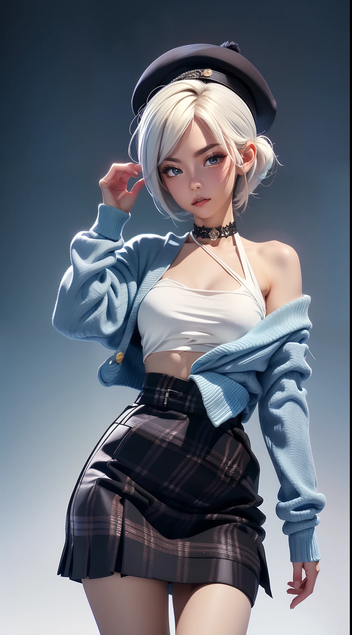 best qualityer， tmasterpiece， 1girll， 独奏， White gradient striped hair， short detailed hair， whaite hair， lilie （Vaka）， black beret， Plaid skirts， choker necklace， Cyan sweater jacket， collared shir， Black plaid tie， The sleeve is draped over the finger， bluntbangs，solid color backdrop