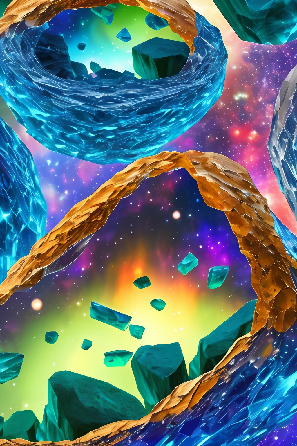 Cosmic space rocks imagined through an alien planet's crystal formations, with a close-up view of iridescent space rocks scattered amidst the crystals, emphasizing the fantastical and otherworldly qualities of space rocks, executed with an illustration style inspired by Art Nouveau, --ar 16:9 --v 5