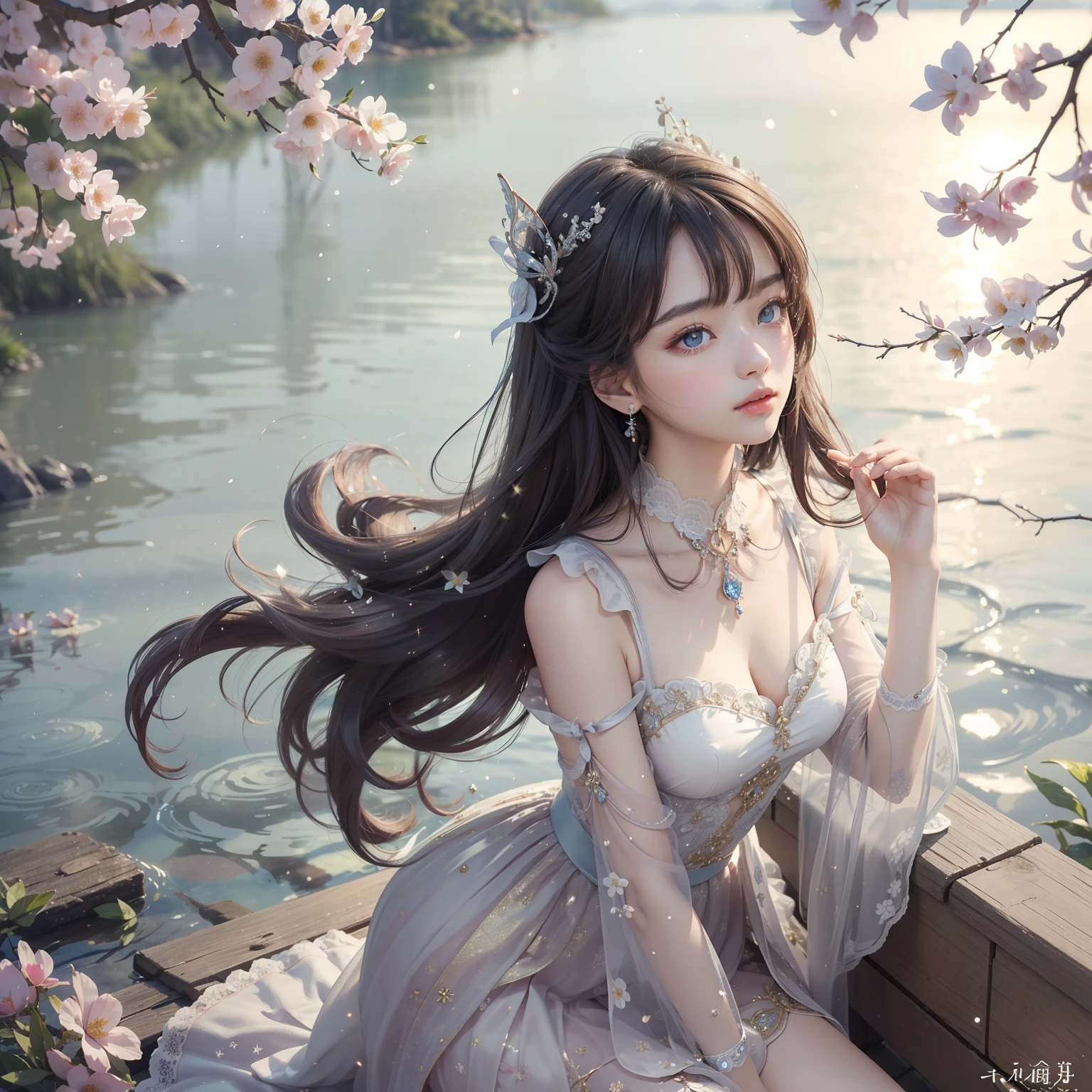 "((tmasterpiece、Need、Ultra-delicate、A high resolution)), 独奏, a beauty girl, sparkle eyes, perfect eyes, ar old,eside,Flowers,the trees"