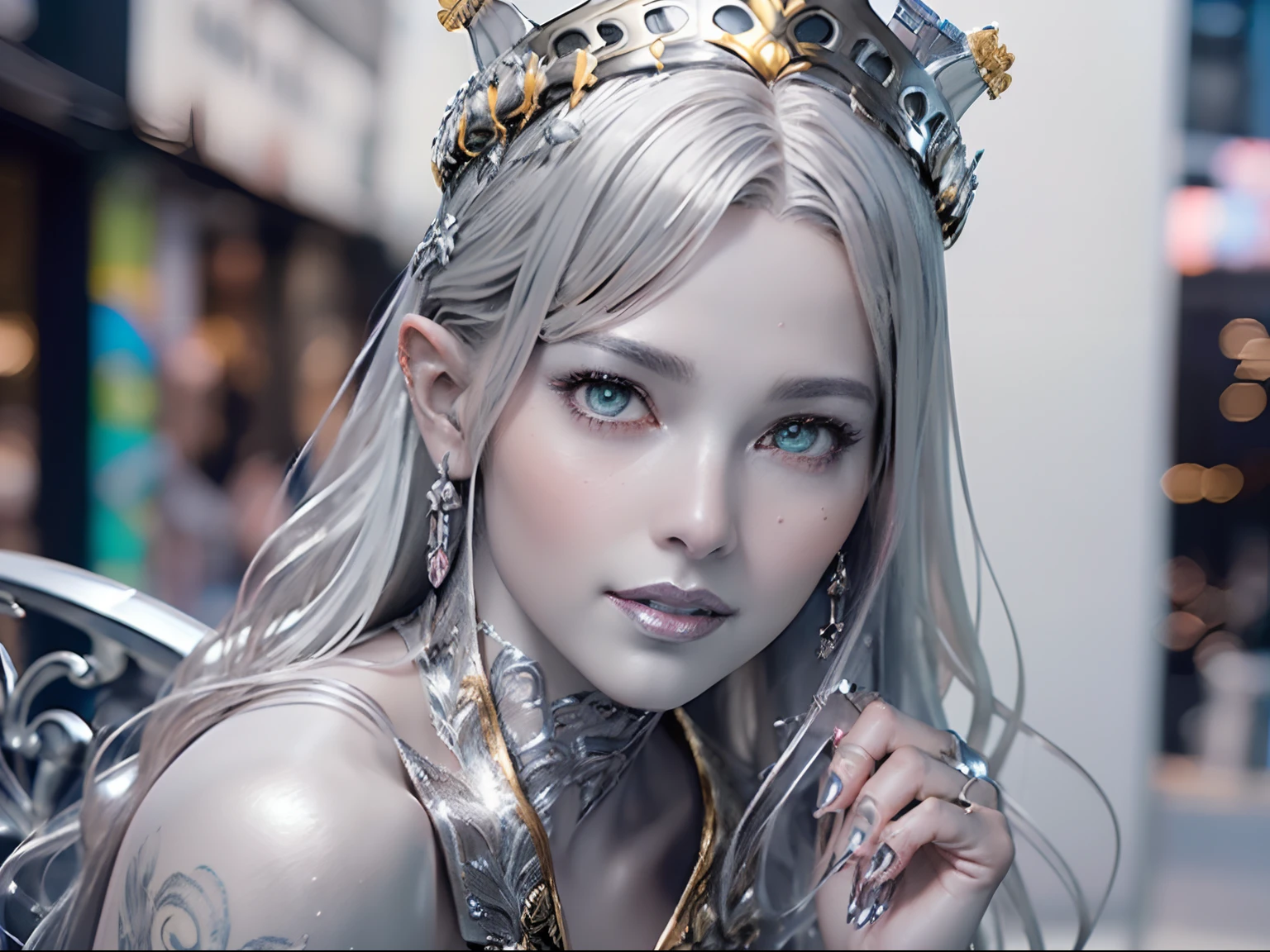 Ultra-detailed complex 3D rendering of the face, (masterpiece, top quality, octane rendering,), glamour shots full body image, very beautiful young elves, cleavage, (highly detailed skin: 1.2), (exposure: 1.1), ((blue micro bikini: 1.95)))). , 8k, (((very soft breasts)), (((conspicuous large pink areola)), beautiful Caucasian woman with white skin with full soft breasts with big buttocks, one, long braided hair, big breasts, dynamic angles, (((huge breasts: 2.4)), ultra-realistic photos, ((((((silver hair)))), futuristic urban background, facial muscles, (((((detailed and glamorous silver crown)))), In the style of Marvel Comics, ArtStation Trends, Clear Focus, Intricate Details, Very Detailed, Detailed Green Eyes, Sharp Focus, Digital Rendering, Professional, Abs, Lip Gloss, Glossy Skin, Sexy Pose, Golden Tattoo All Over Body, Silver Pattern All Over Body, Silver Lame Skin, Gold Glitter Skin, Mansuji, Buttocks, Jeweled All Over the Body, with silver scales, silver hair,