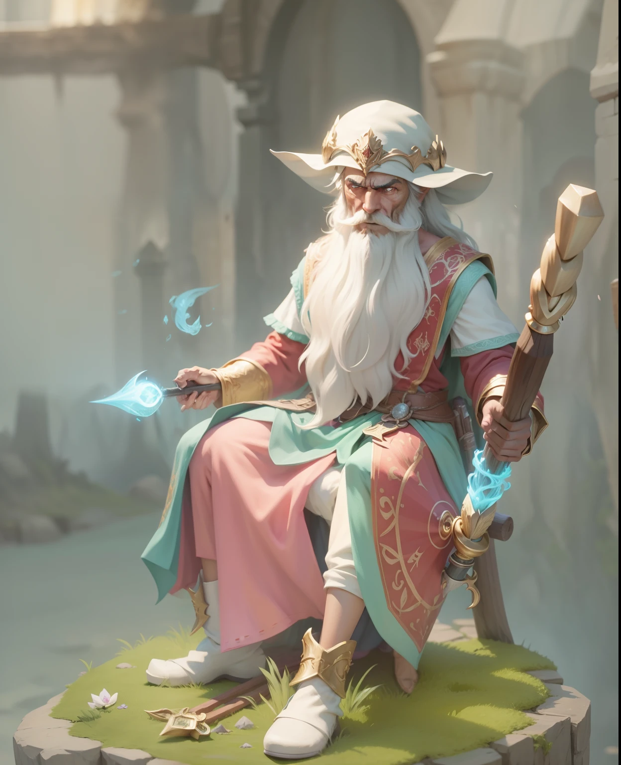 Velho elfo, com barba de mago, roupas de bruxo, magic staff in incandescent hand, flutuando no ar, com chapeu de bruxo.