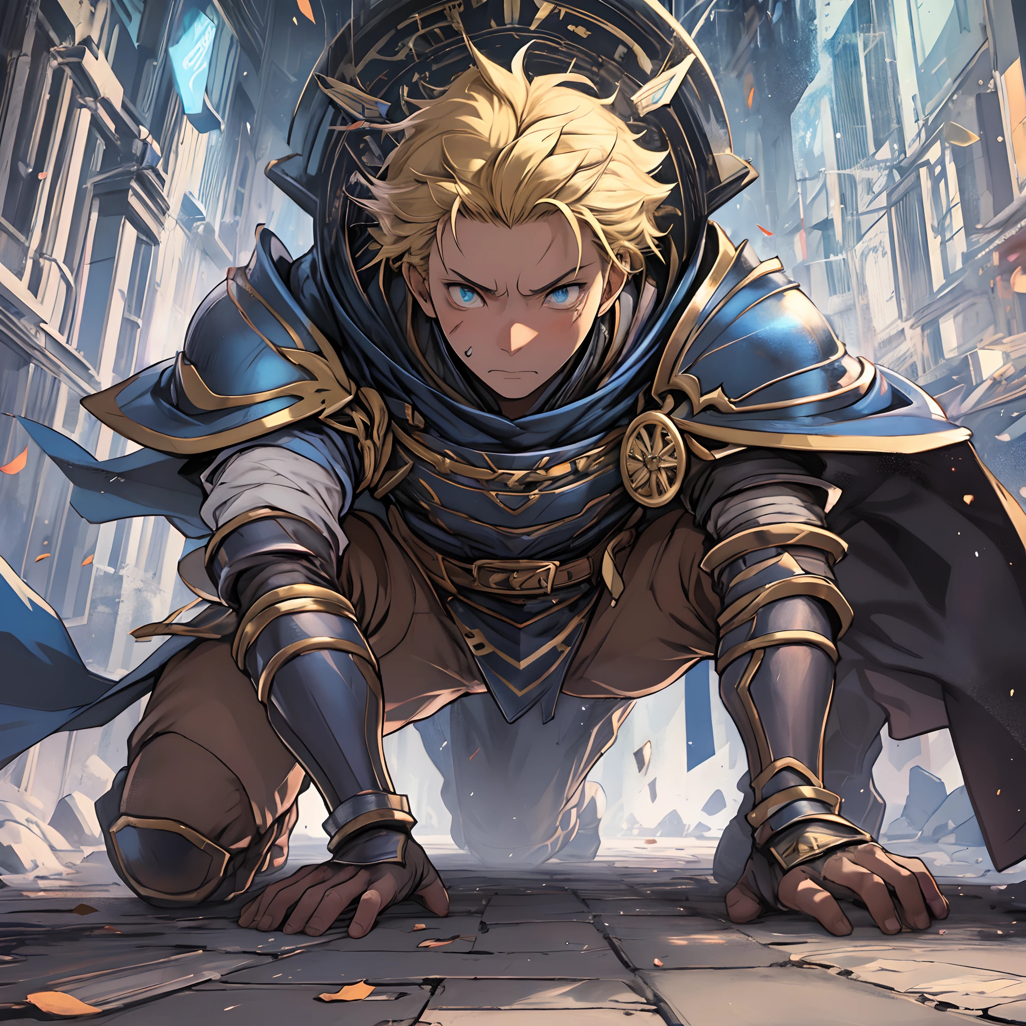 (1 Adult male),A high resolution, Sharp focus, Pixiv masterpiece, ((Complicated details)), highly detailed, natsuki_subaru, 1 man,Defeat, crestfallen,full bodyesbian,kneels on the ground, (A gesture of pleading),blue color eyes(eyes glowing), Short yellow hair,cloaks,Armour,Shoulder armor,perspire,look from down