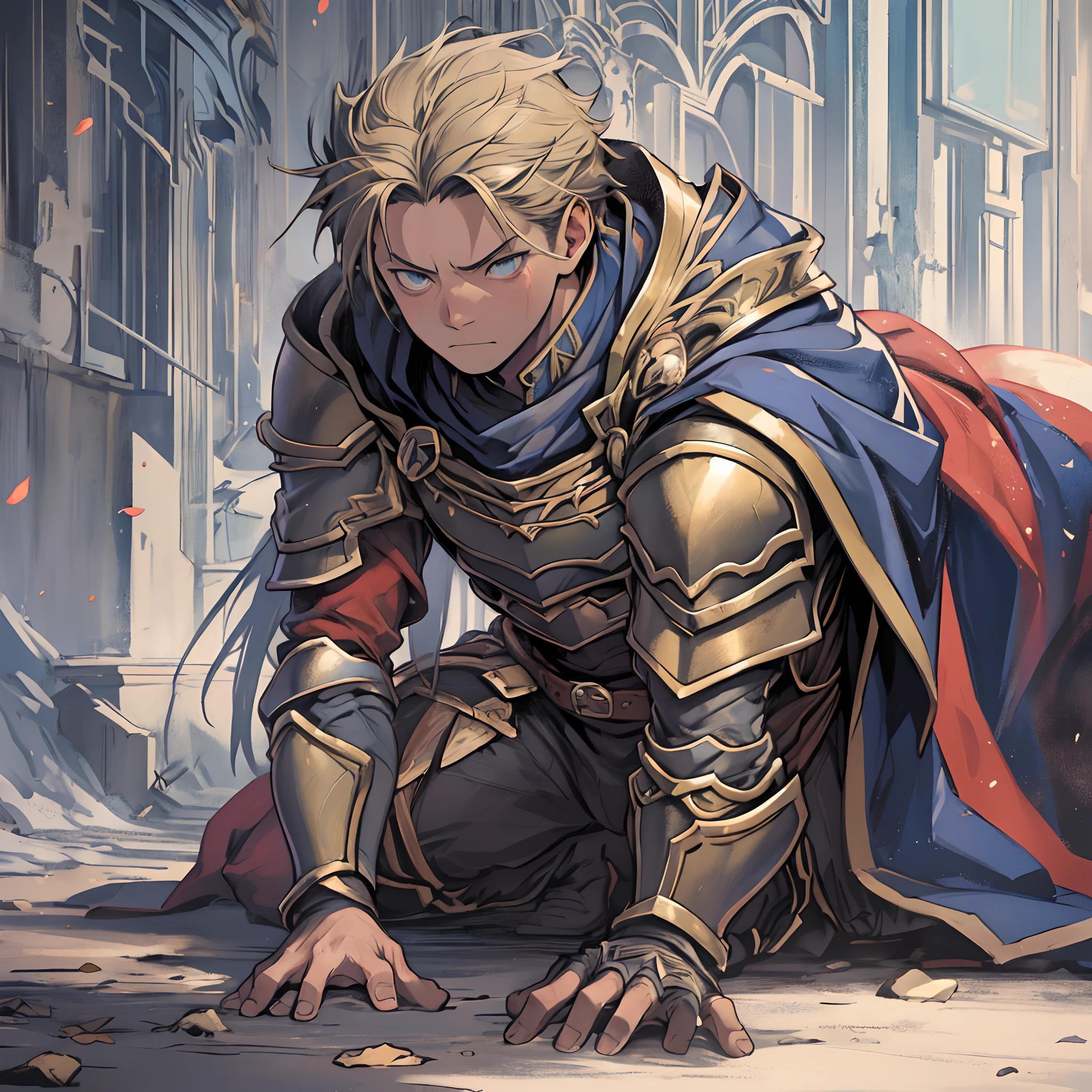 (1 Adult male),A high resolution, Sharp focus, Pixiv masterpiece, ((Complicated details)), highly detailed, natsuki_subaru, 1 man,Defeat, crestfallen,full bodyesbian,kneels on the ground, (A gesture of pleading),blue color eyes(eyes glowing), Short yellow hair,cloaks,Armour,Shoulder armor,perspire,look from down