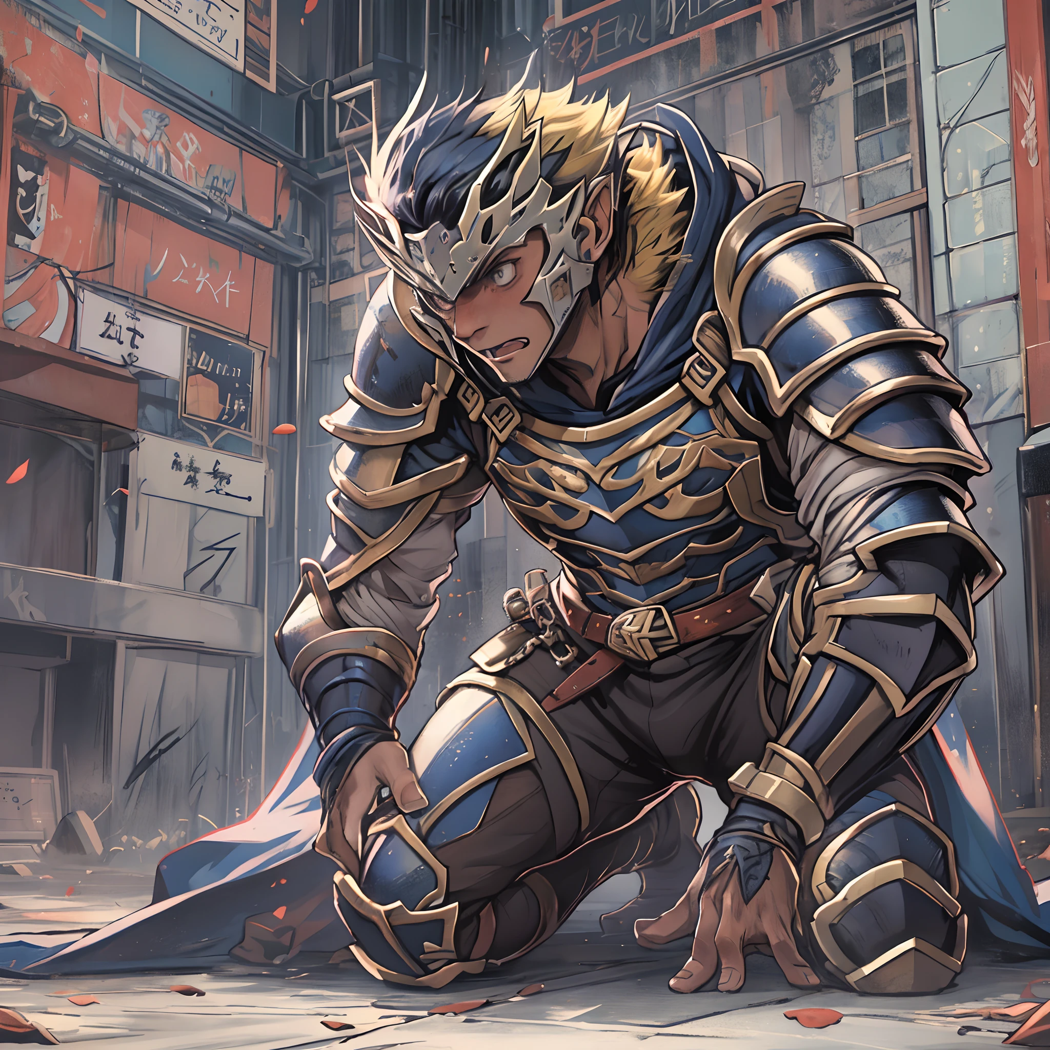 （1 Adult male），A high resolution， Sharp focus， Pixiv masterpiece， （（Complicated details））， highly  detailed， natsuki_subaru， 1 man，Defeat， crestfallen，full bodyesbian，kneels on the ground， （A gesture of pleading），blue color eyes（eyes glowing）， Short yellow hair，cloaks，Armour，Shoulder armor，perspire，look from down