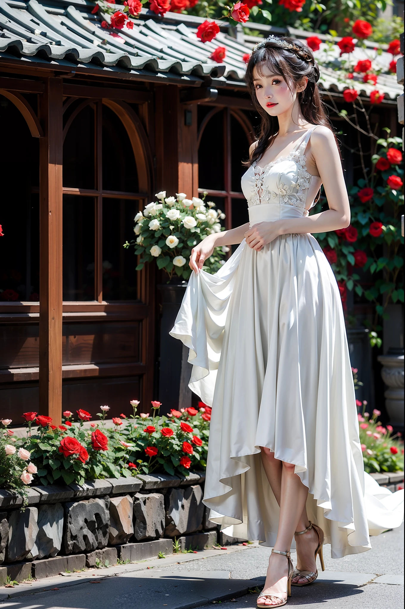 Red wedding dress、A long-legged beauty、The Corridor of the Roses，taking a walk，professional photoshooting，high qulity