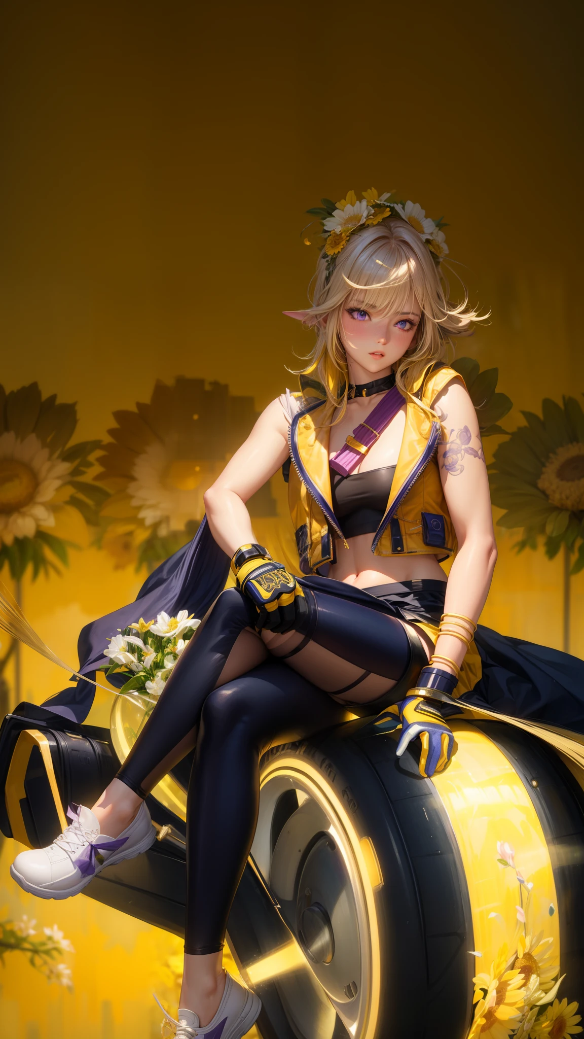 realistic, 1girl, yellow hair, purple eyes, glowing eyes, crop top, skirt, parted lips, blush, night, flowers, sun, sunlight,