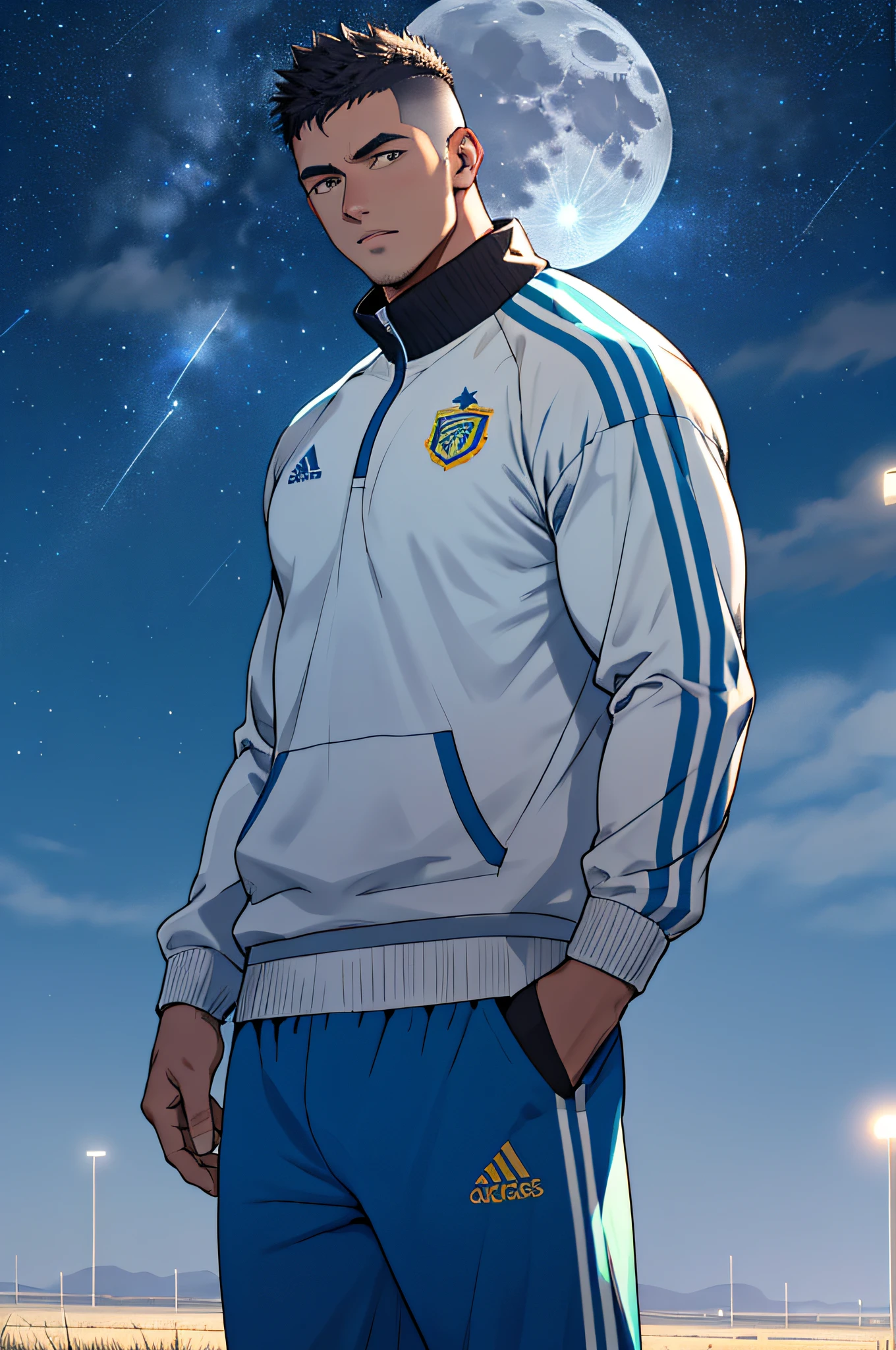 Draw a full-fledged footballer，Standing on the steppe at night，He was wearing a tracksuit，The man looks confident and determined，looking-down，Crew cut，full bodyesbian，Stars dot the sky，shooting from below，Big moon highlights background