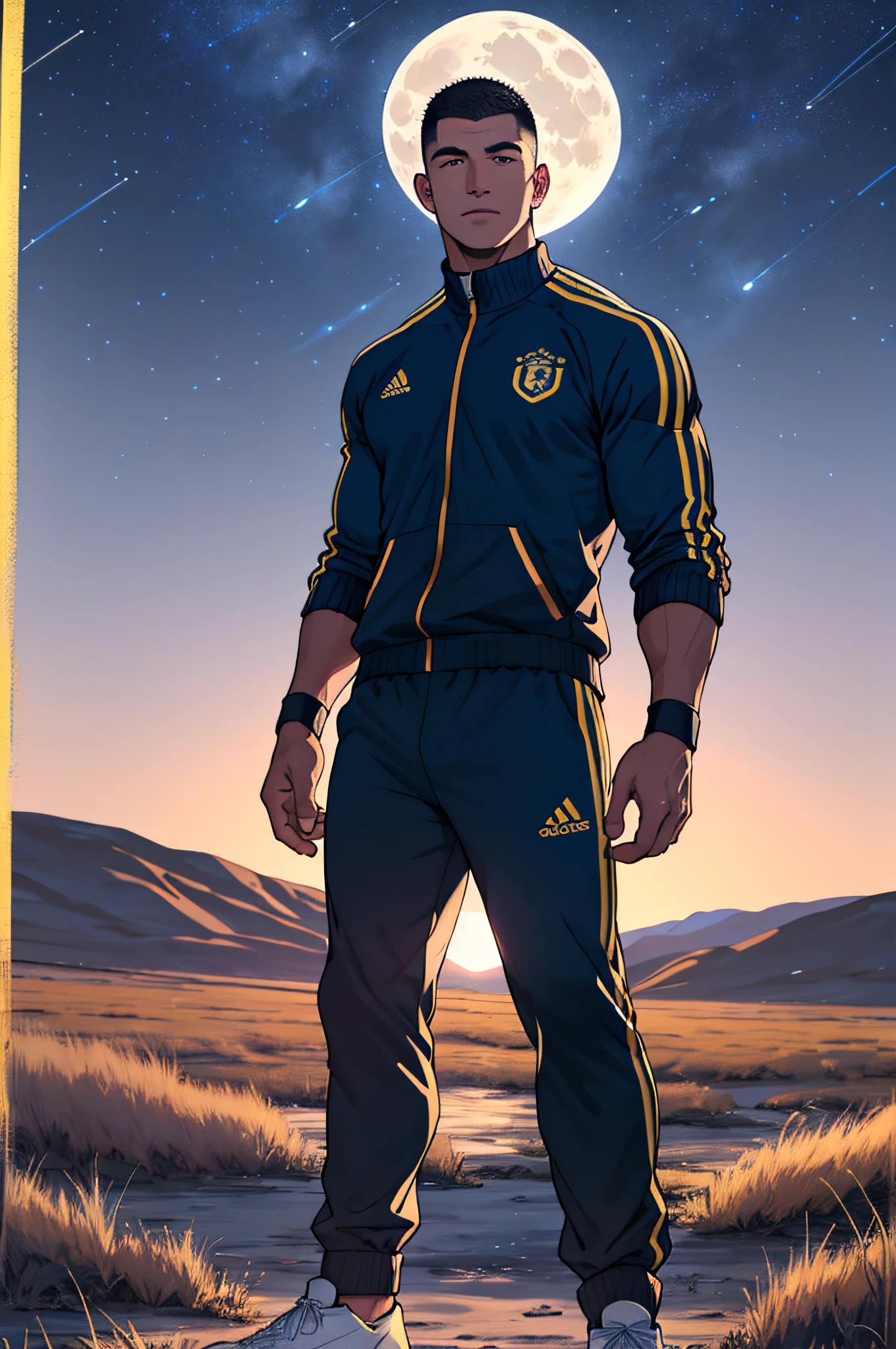 Draw a full-fledged footballer,Standing on the steppe at night,He was wearing a tracksuit,The man looks confident and determined,looking-down,Crew cut,full bodyesbian,Stars dot the sky,shooting from below,Big moon highlights background