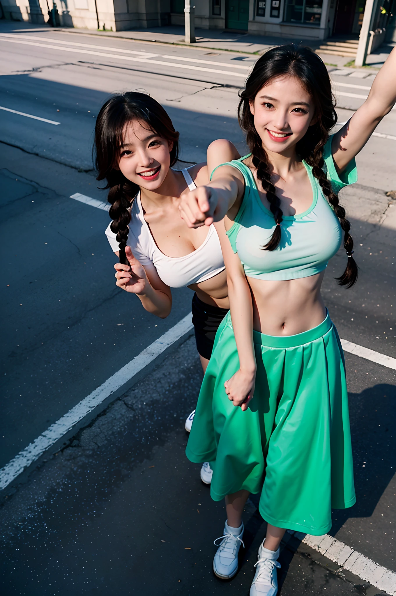 Best Quality, raw photograph,Masterpiece, Extremely Detailed, High Resolution, 4K, Ultra High Resolution, Detailed Shadows, Perfect Light and Shadow, duo,Two Girls in Costumes Taking Selfies on the Street,navel,Colorful Braids, Anime Role Play, Anime Style Mixed Fujifilm, Big Breasts, Cute, Laugh,
