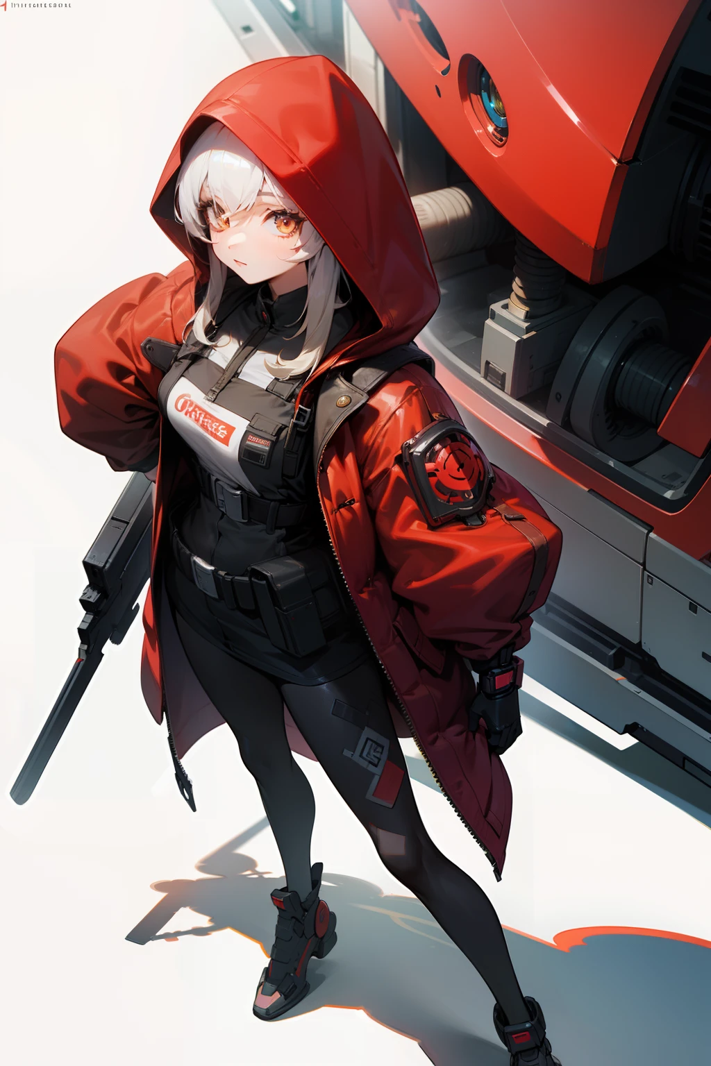 .1girl in, (Golden eyes)、radiant eyes、 length hair、 masterpiece, detailed shadow,ighly detailed, top-quality, hard disk, in 8K, hightquality,Girl in red hood、Clear face、Wearing a futuristic costume、Have futuristic weapons.
