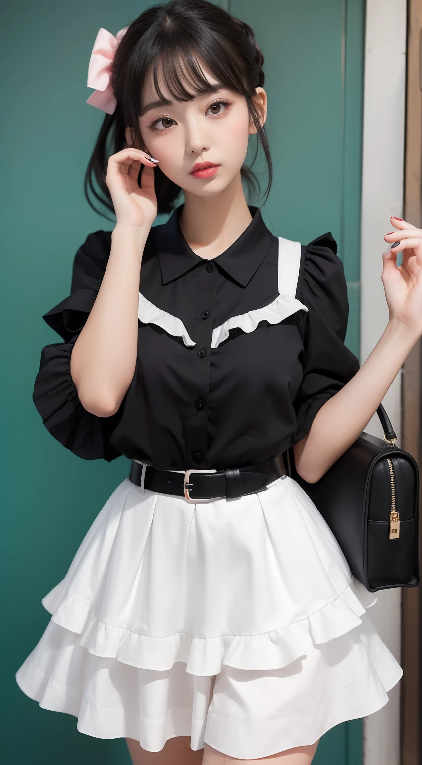 Create stunning, high-quality high-resolution images of college girls in black ruffled shirts and white skirts. Skirts need to be layered and styled under the influence of the 1950s, Including MIDI, wide, and Lolita style. Include more details of modern maximalist fashion dresses, katelynn mini cute style, Pastel style, And the style of peaches and sesame seeds. The color scheme should be black, white, and pastel pink,